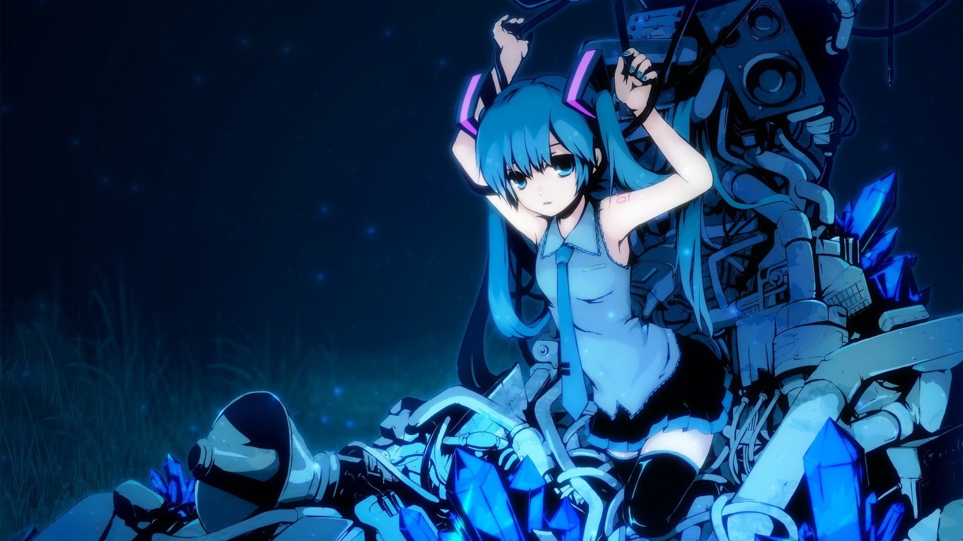 arte tomsan vocaloid vocaloid hatsune miku ragazza altoparlanti uniforme scolastica notte anime