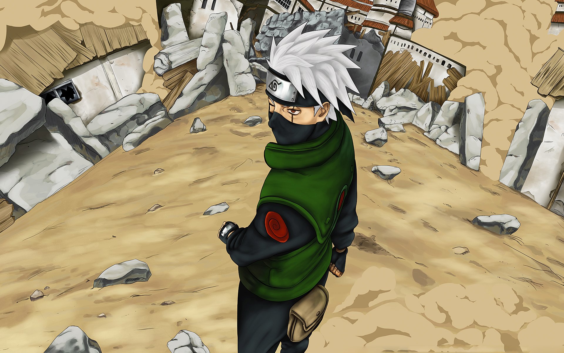 anime naruto hatake kakashi sharingan ruines konoha art