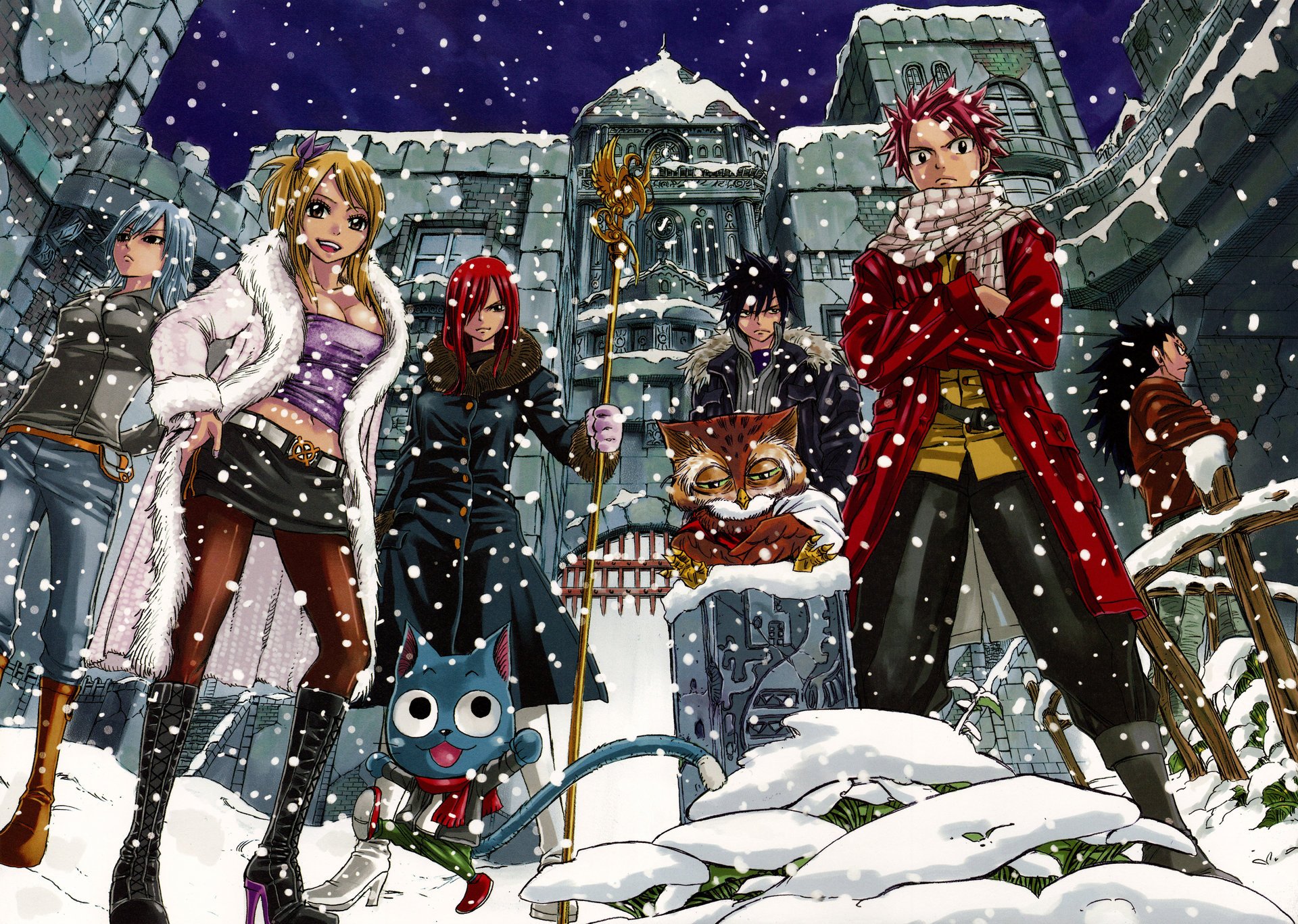 art anime fairy tail tale bajka lucy heartfilia erza scarlet natsu dragneel szary juvia loxar happy gajeel redfox chłopaki dziewczyny śnieg