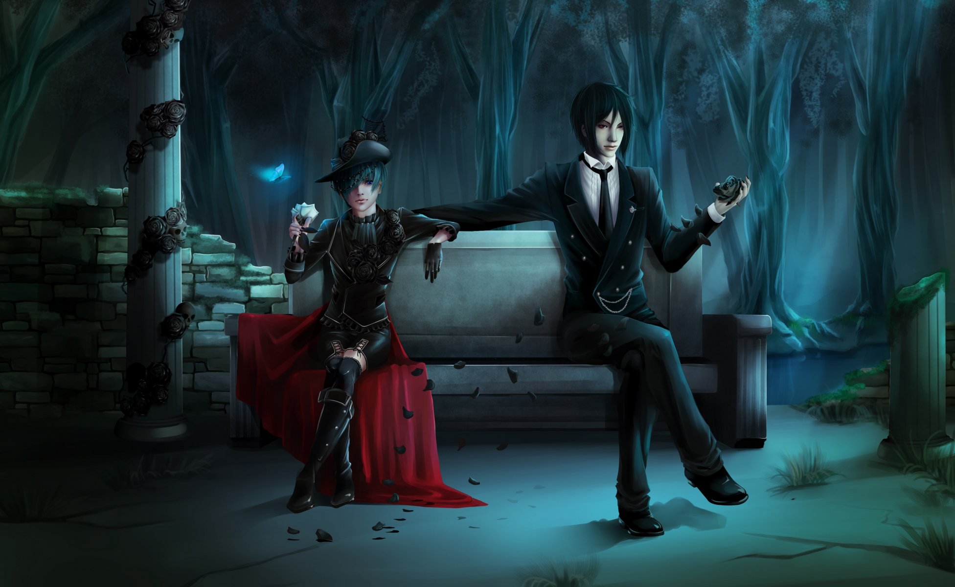 arte kuroshitsuji mayordomo oscuro sebastian michaelis sebastian michaelis demonio ciel phantomhive chico chico tienda rosa mariposa pétalos columna liana cráneo