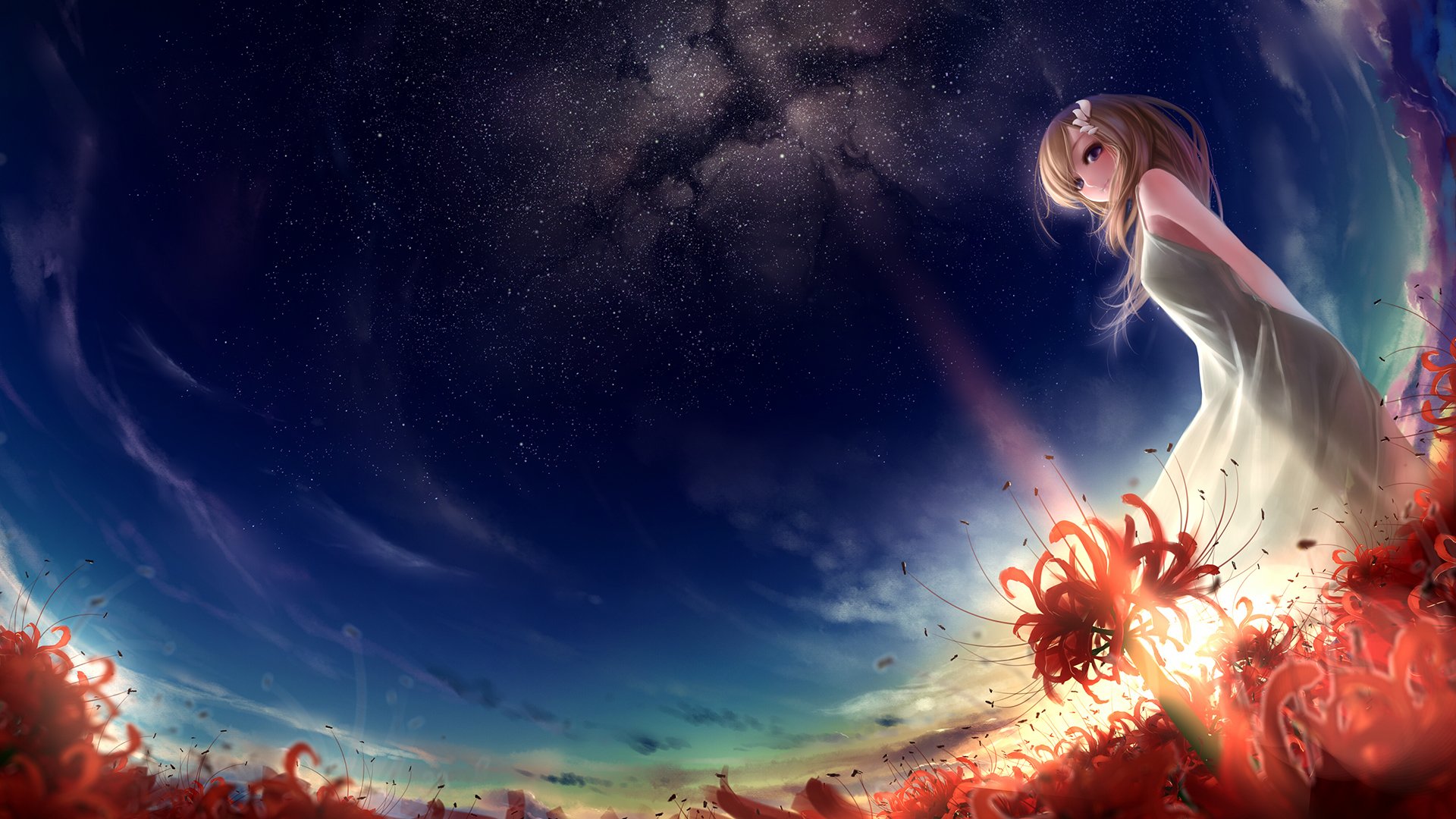 art munashichi girl the field flower lycoris radiata red sunset star