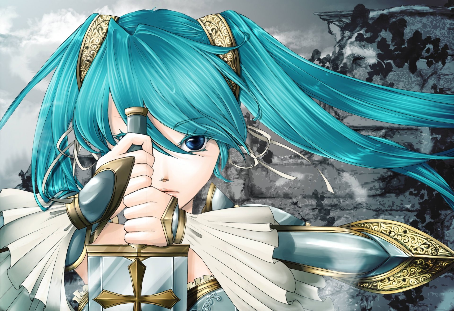 vocaloid vocaloid hatsune miku girl sword blade weapon cross tails face hands feathers pattern chasing