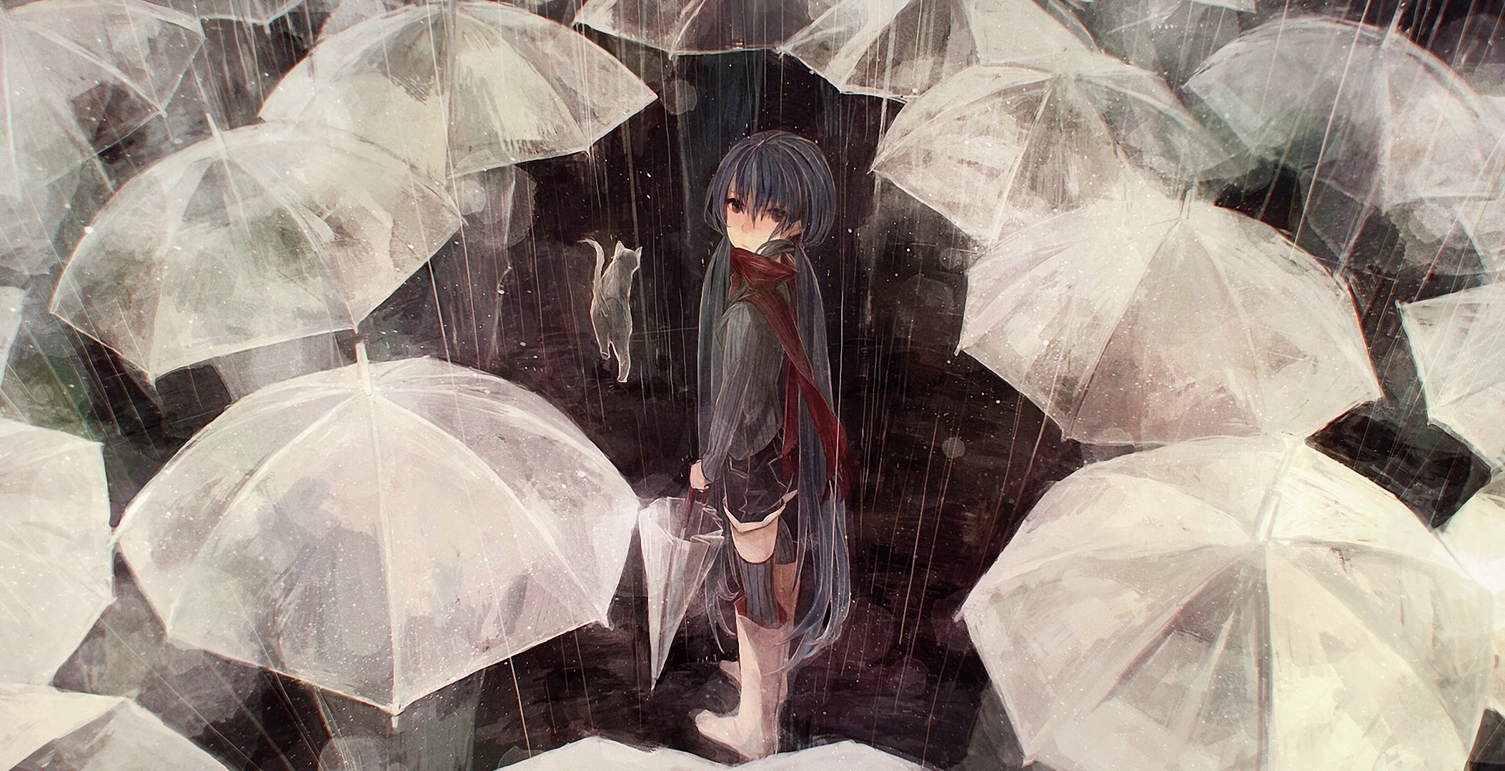 art hatsune miku vocaloid gens parapluie parapluies chat chat pluie foule