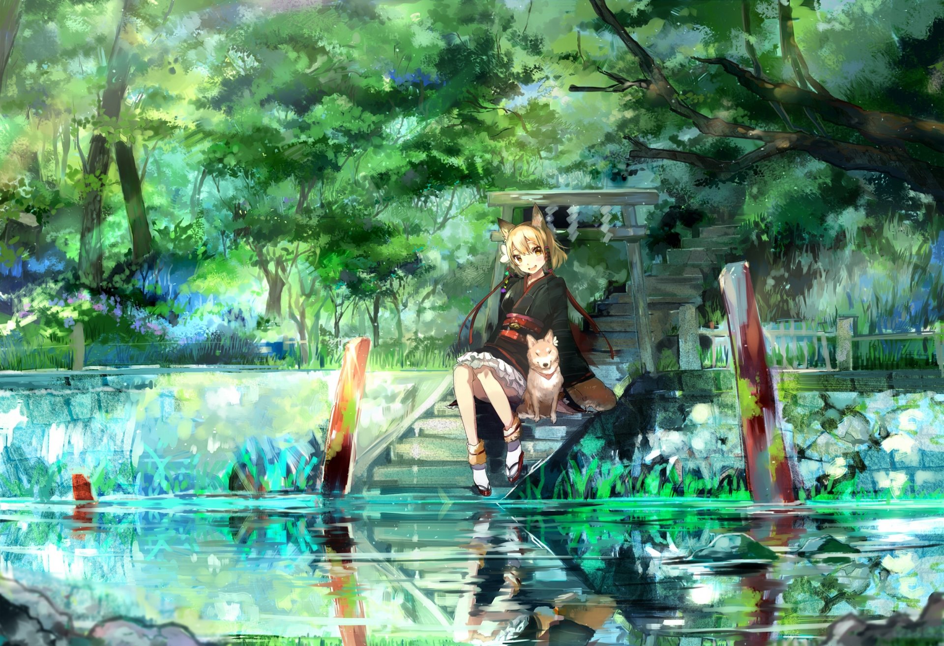 art ume anime fille chien rivière nature arbres marches escalier