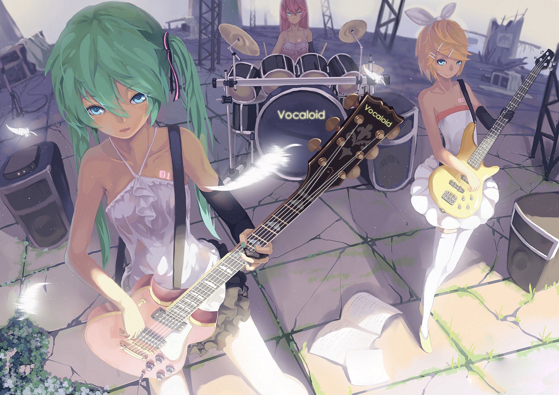 vocaloid hatsune miku megurine luka kagamine rin mädchen spiel gitarre schlagzeug federn