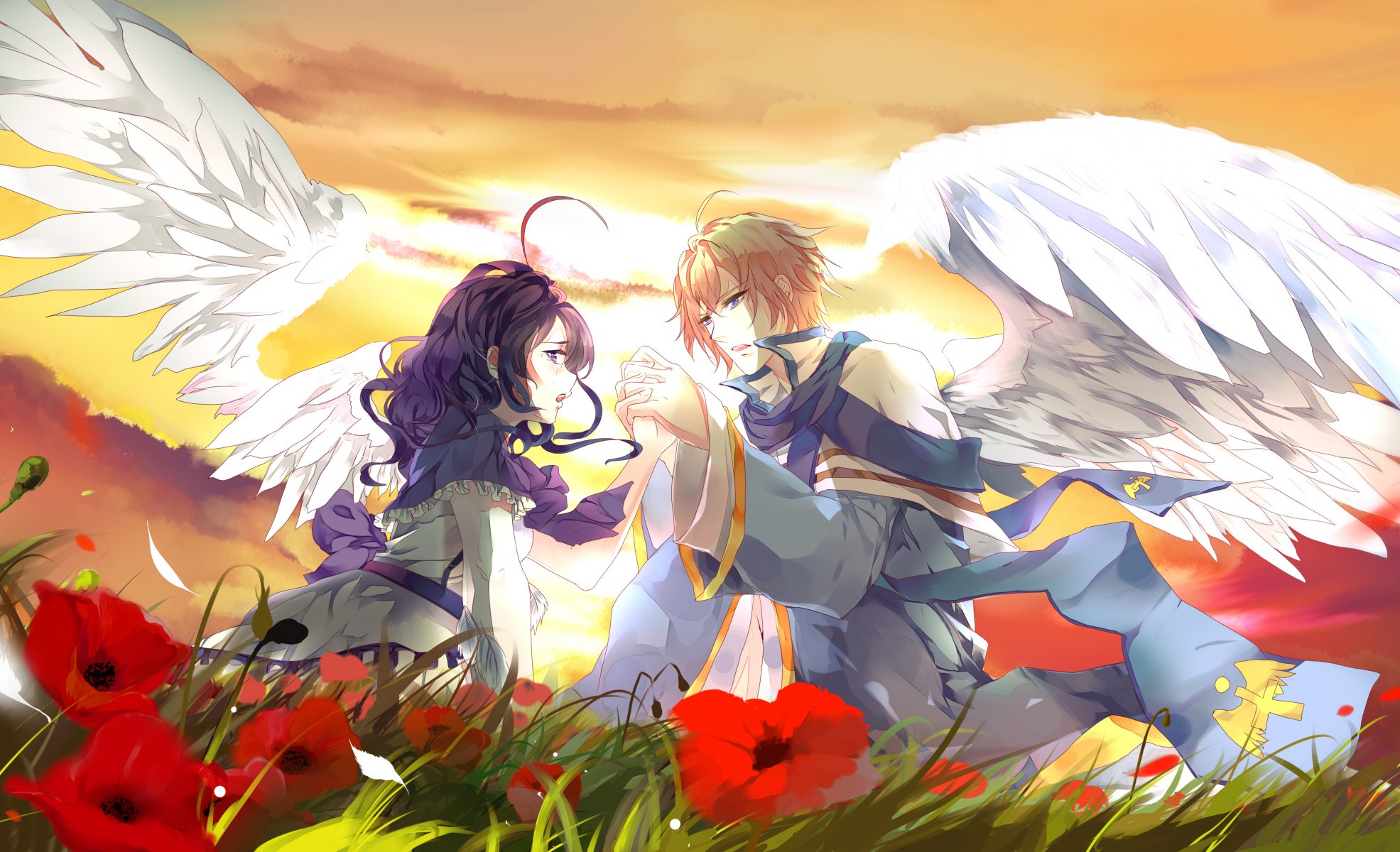 art aiki-ame two love girl guy wings flower field sunset