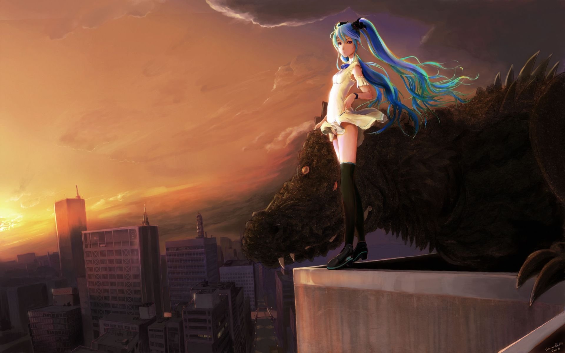 hatsune miku vocaloid chica ciudad lagarto monstruo puesta de sol