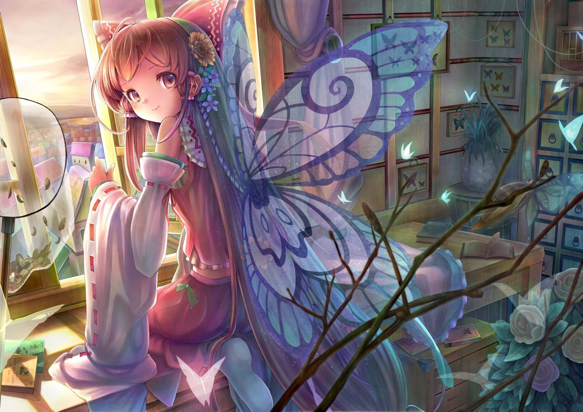 arte sanntouhei touhou hakurei reimu niña sentado alas mariposas habitación ventana escritorio libro flores sonrisa