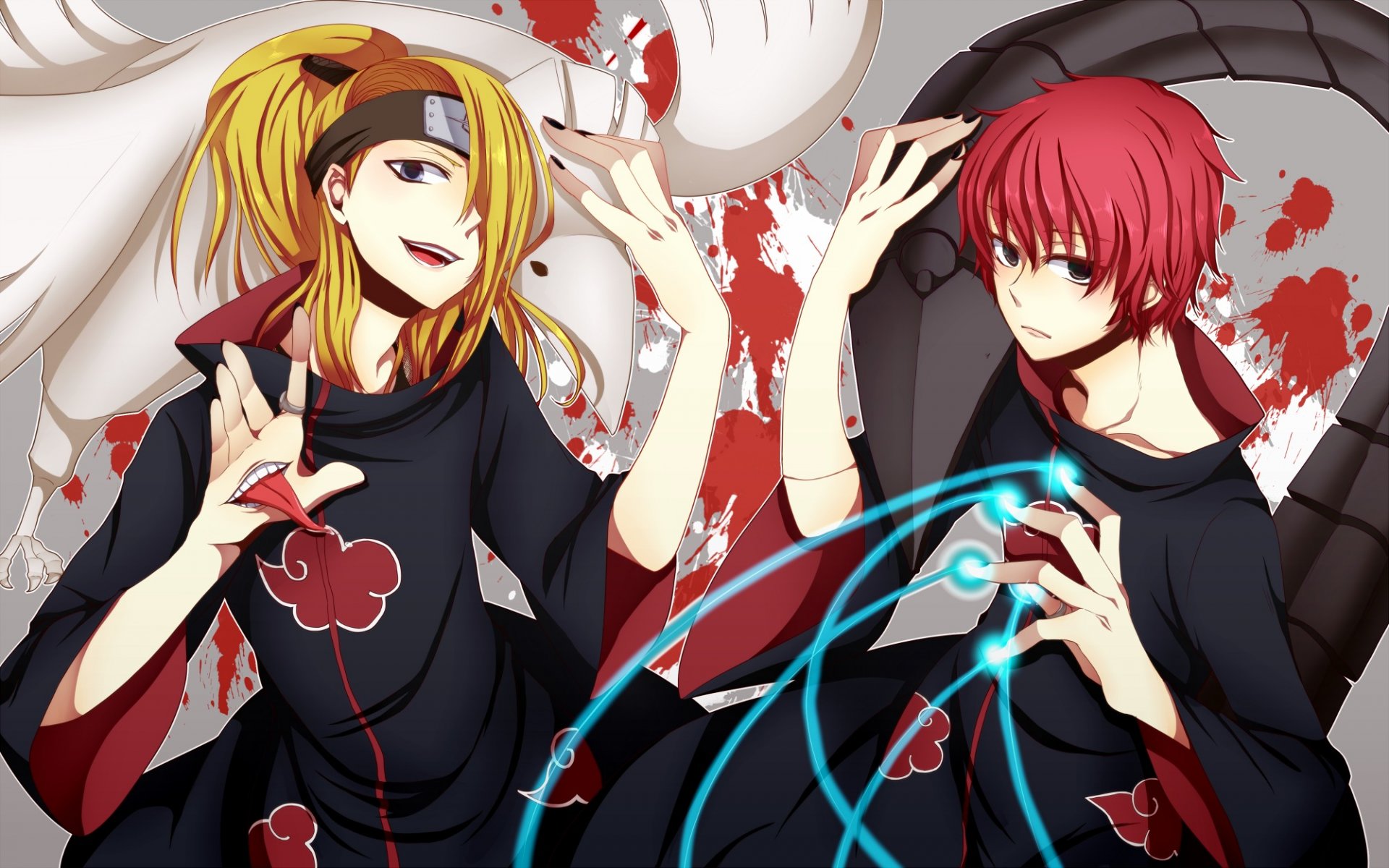 naruto sasori deidara long hair short hair highres blue eyes blonde hair men brown eyes smile red hair looking at the viewer blood lacquer coat hairs cover the eyes english two boys bandana ring akatsuki