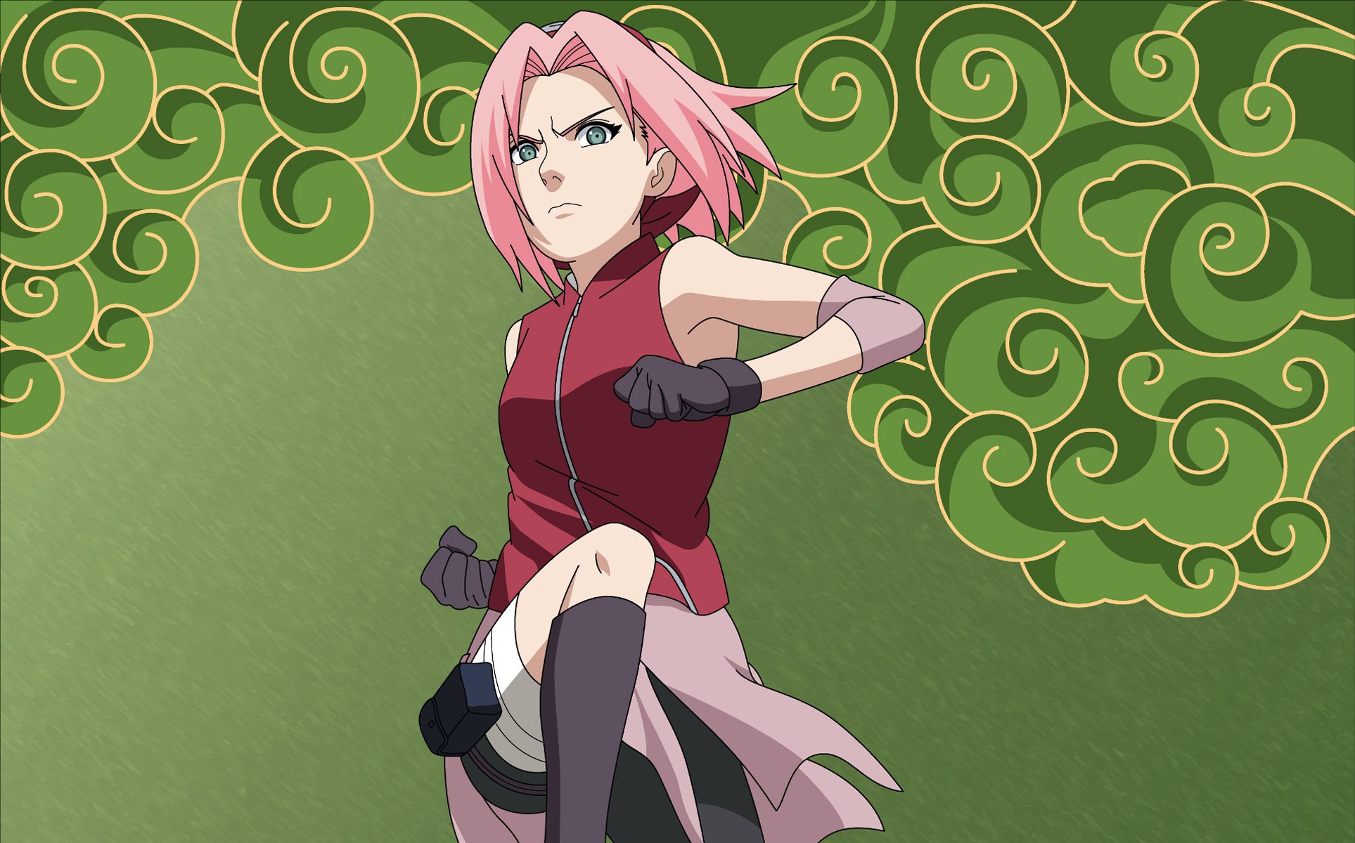 naruto sakura haruno jump bandage gloves fists pink hair