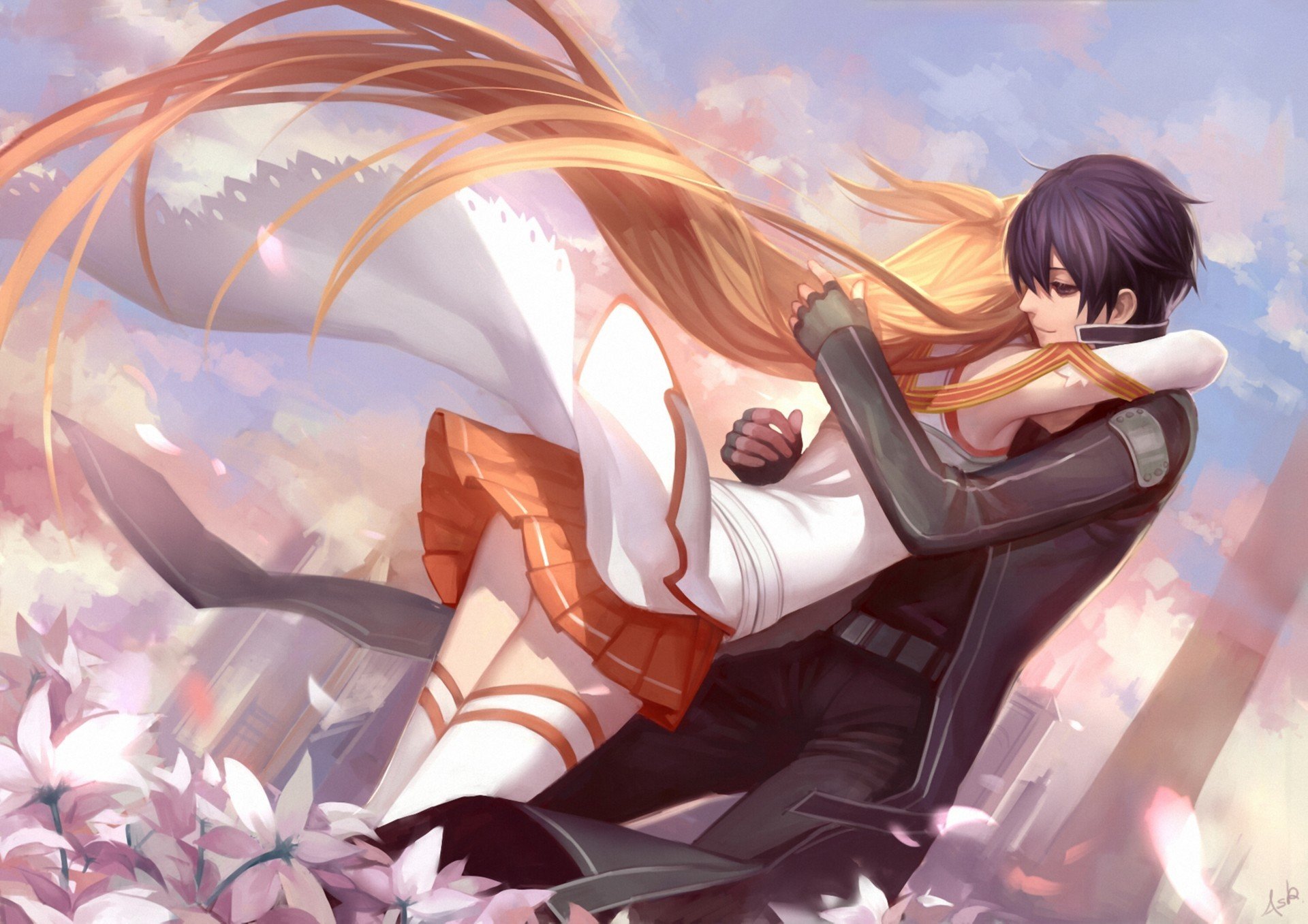 art asukaziye sword art online yuuki asuna kirito girl guy hug hair flower town