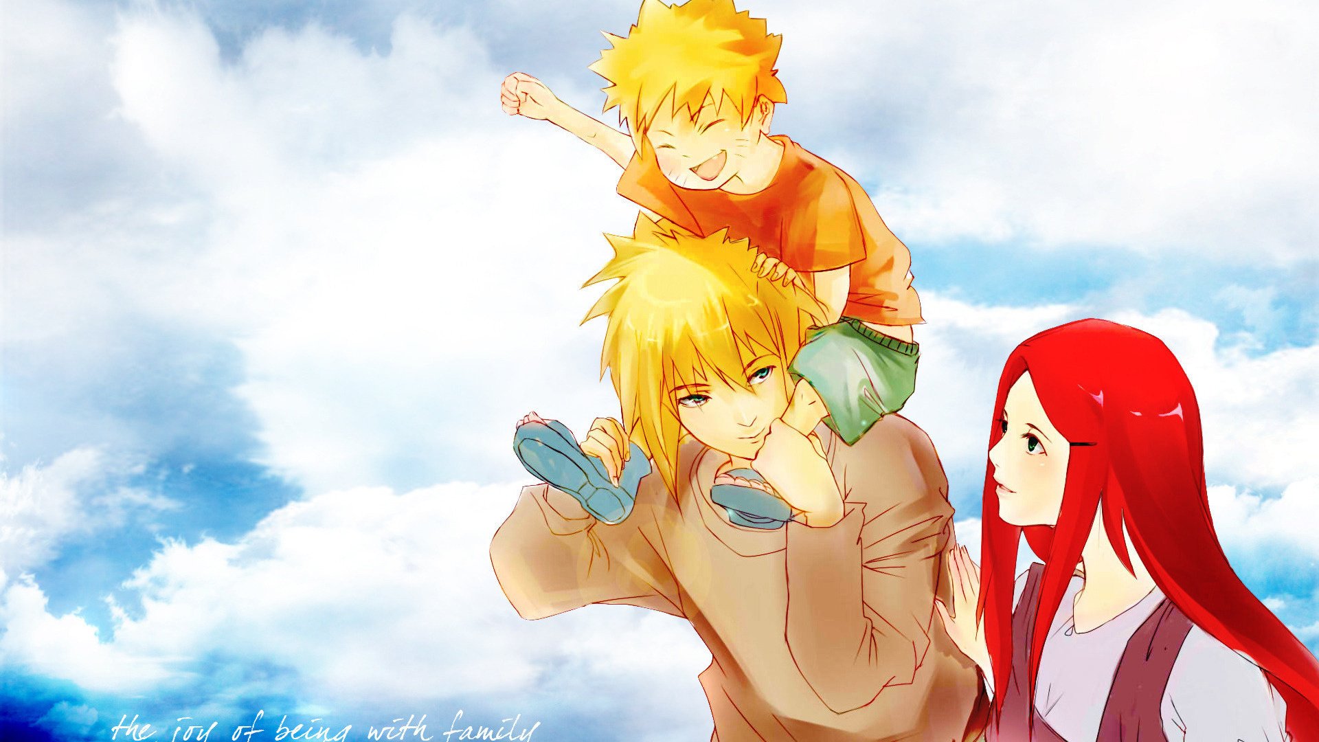 anime naruto arte uzumvki naruto uzumaki naruto uzumaki kushina namikaze minato namikaze minato cielo día soleado familia yondaime hokage sonrisas amor