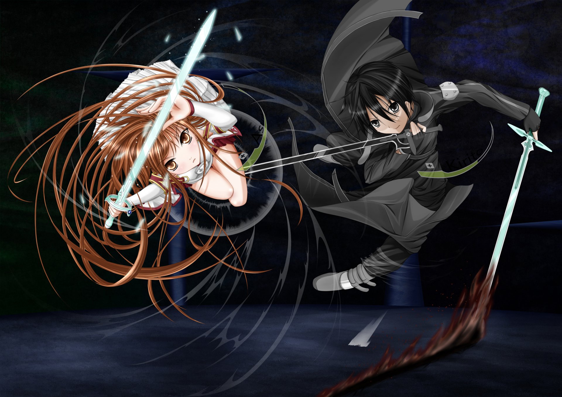 anime espada de arte en línea yuki asuna kirito chica pelo largo pelo corto alta definición hombre cabello castaño ojos marrones arma espada ojos negros capa batalla