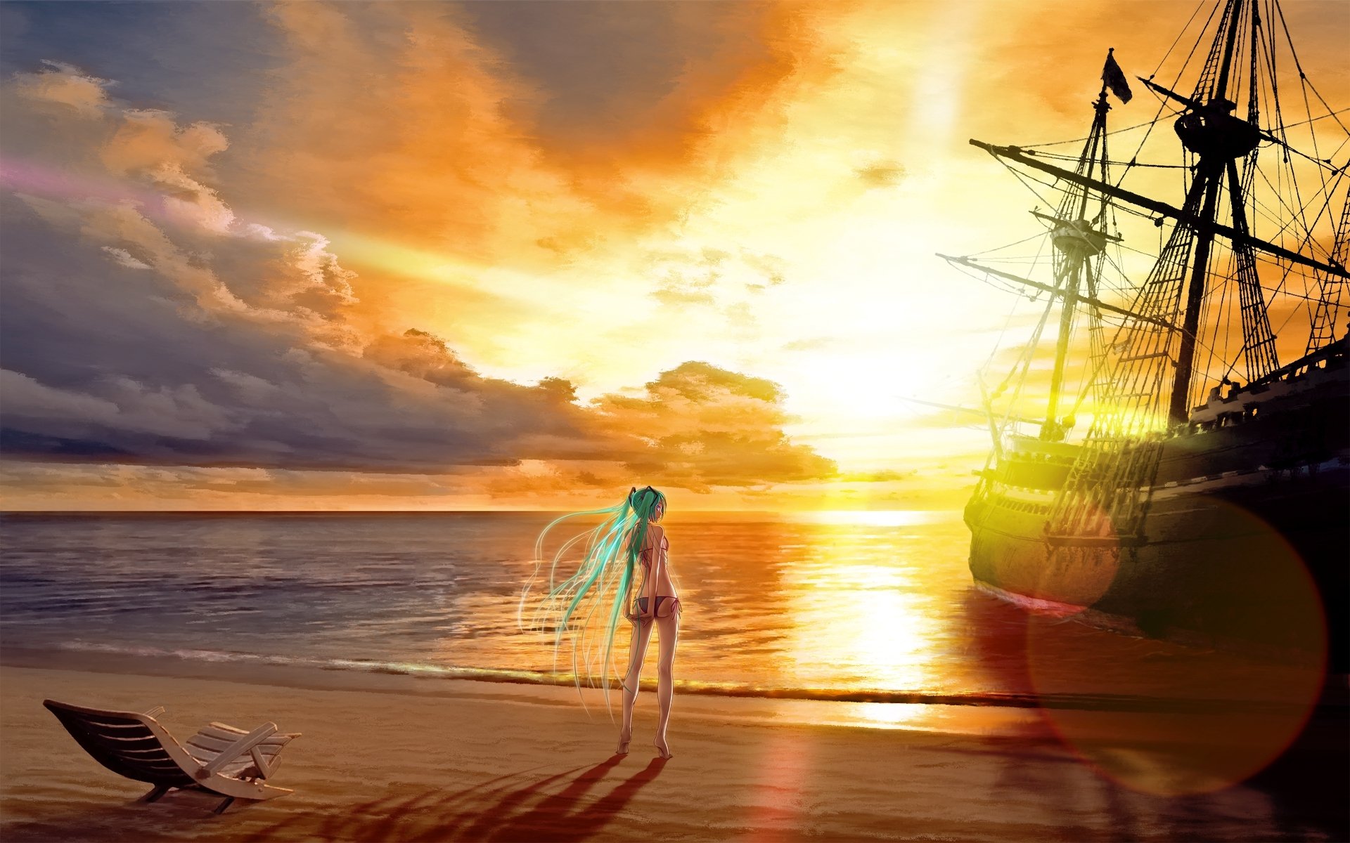 anime mika vocaloid.tramonto sabbia lettino nave mare nuvole ragazza