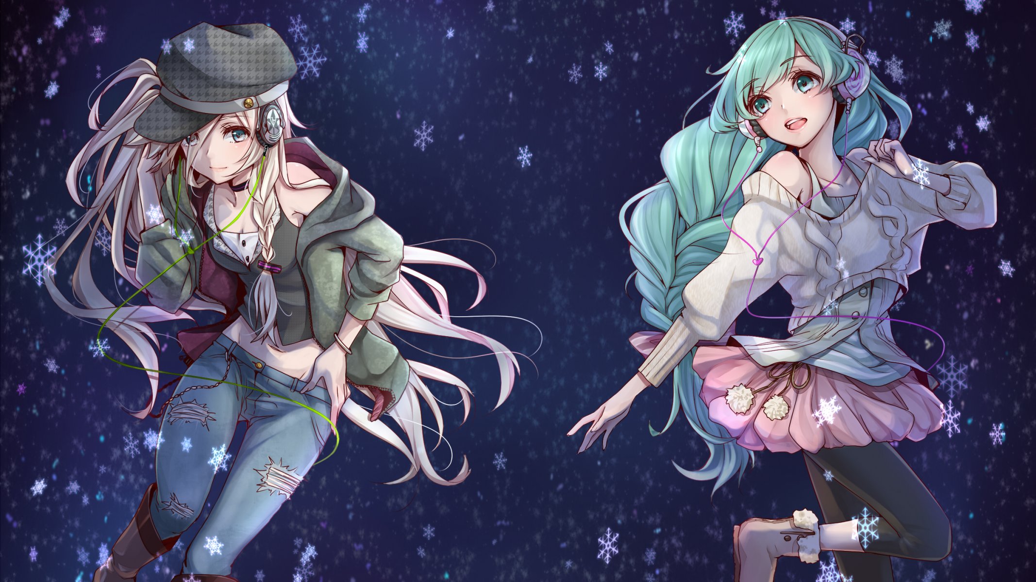 art masami chi vocaloid vocaloid hatsune miku ia girls cap snowflakes headphone