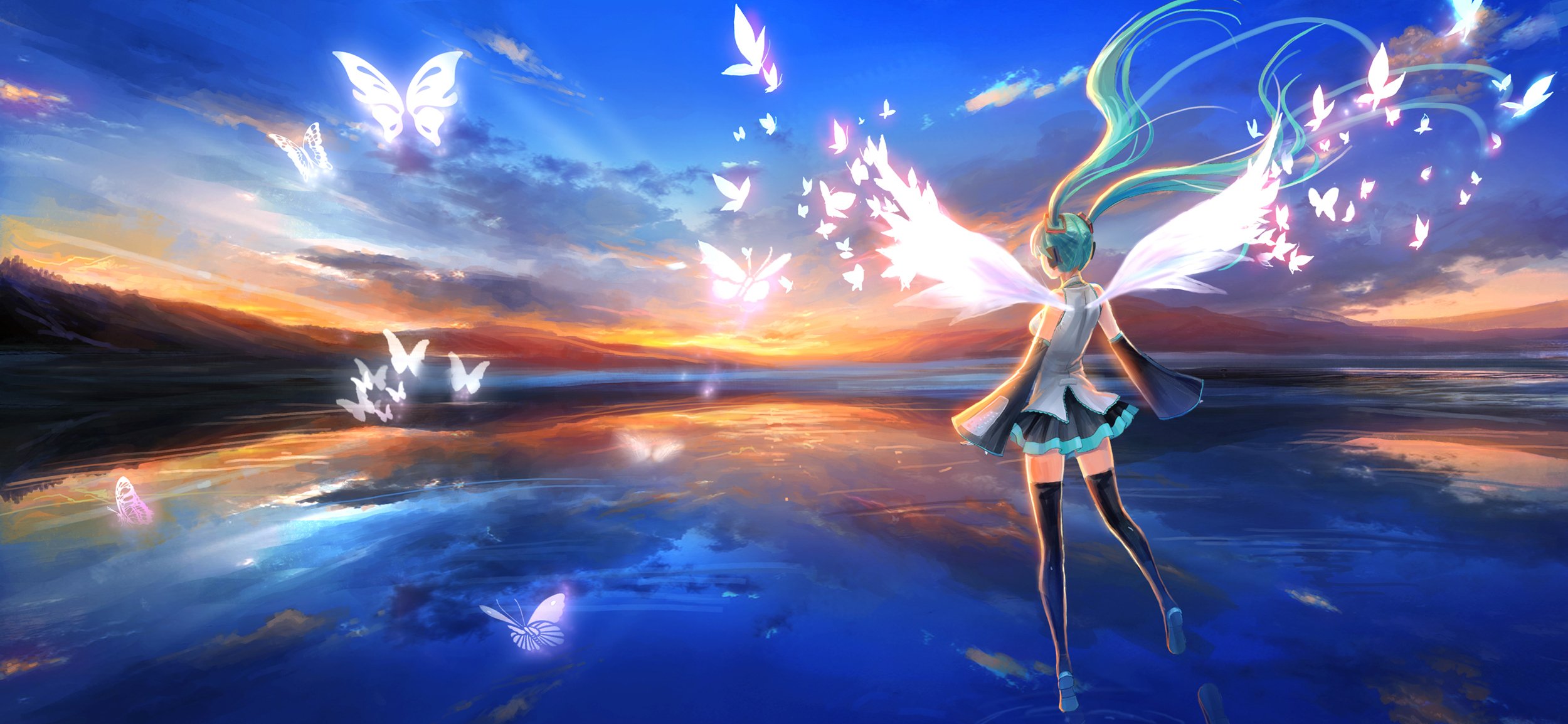 vocaloid hatsune miku fille cheveux bleus casque ailes robe bas coucher de soleil ciel papillons