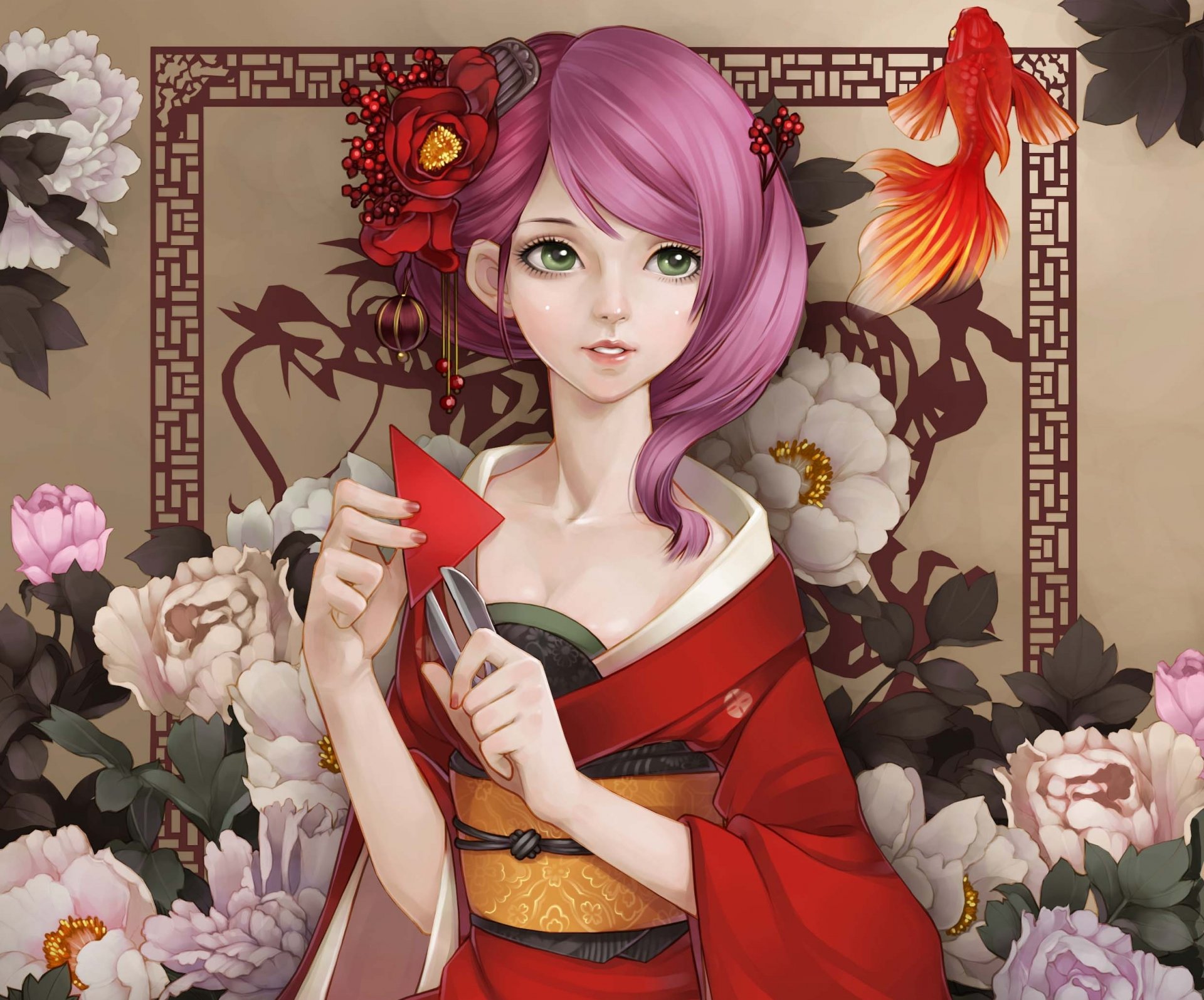 arte dong xiao ragazza fiori peonie pesce pesce rosso kimono carta forbici