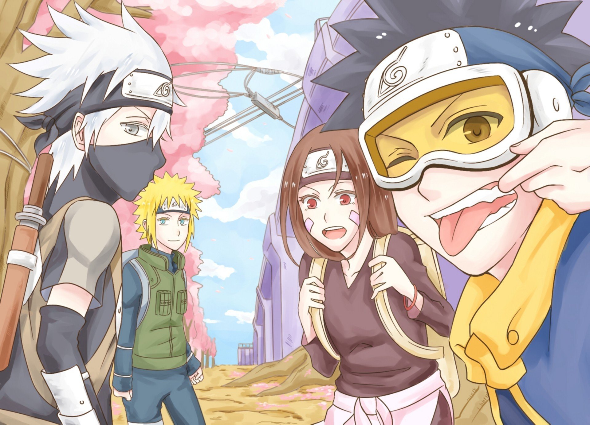 arte naruto hatake kakashi namikaze minato uchiha obito rin ragazzi ragazza maschera lingua occhiolino