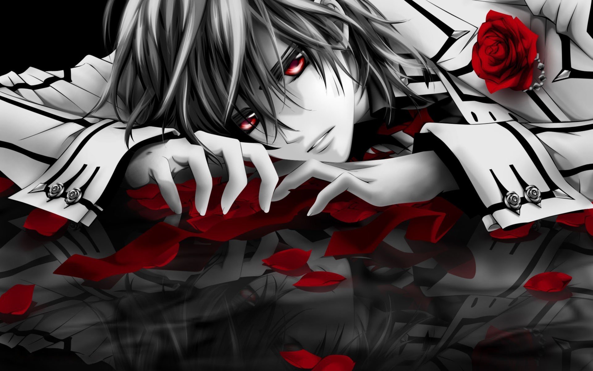 arte cavaliere vampiro cavaliere vampiro kuran kaname kuran kaname vampiro purosangue monocromatico superficie riflessione rose petali occhi rossi