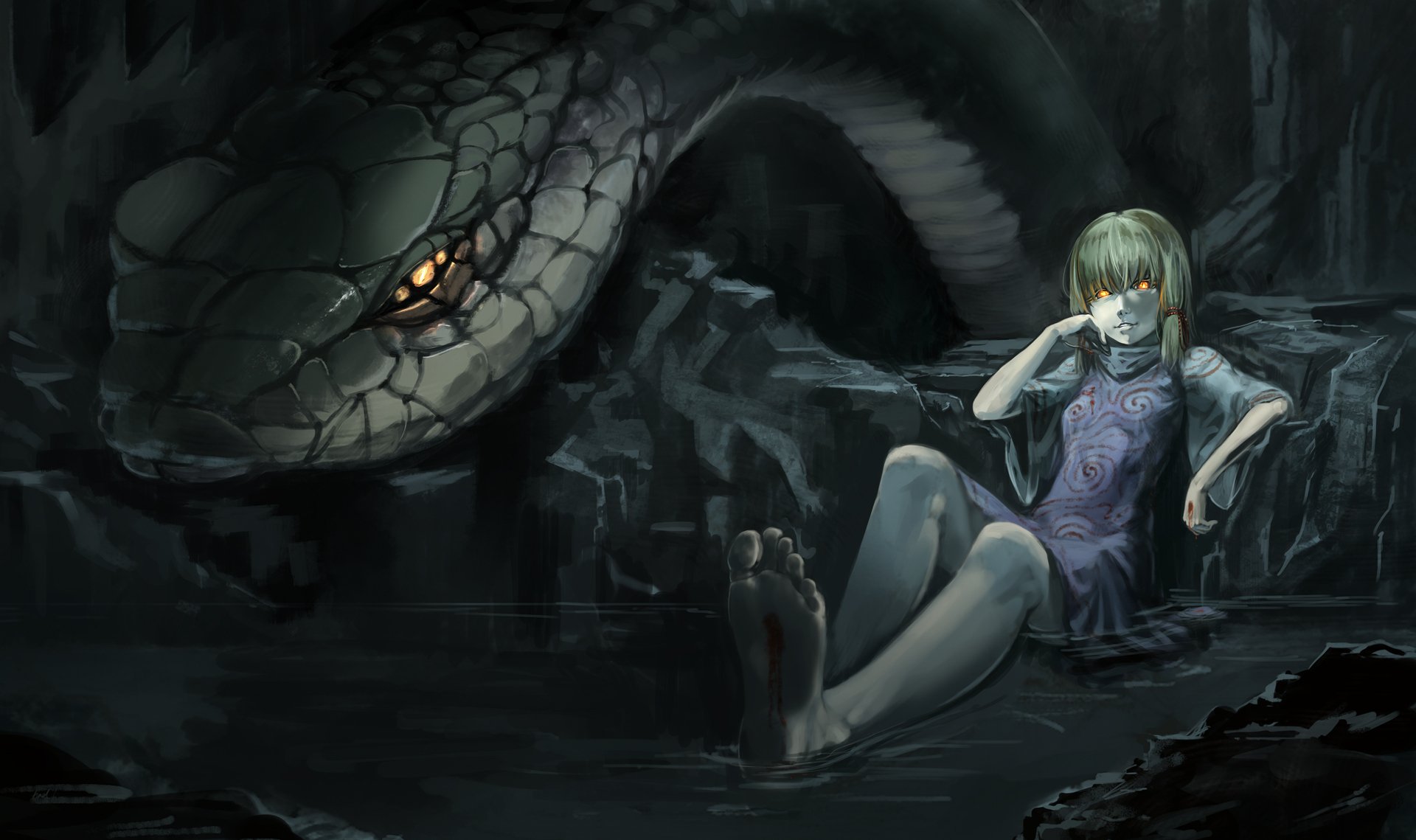 moriya suwako touhou girl snake snake water cave blood burning eye