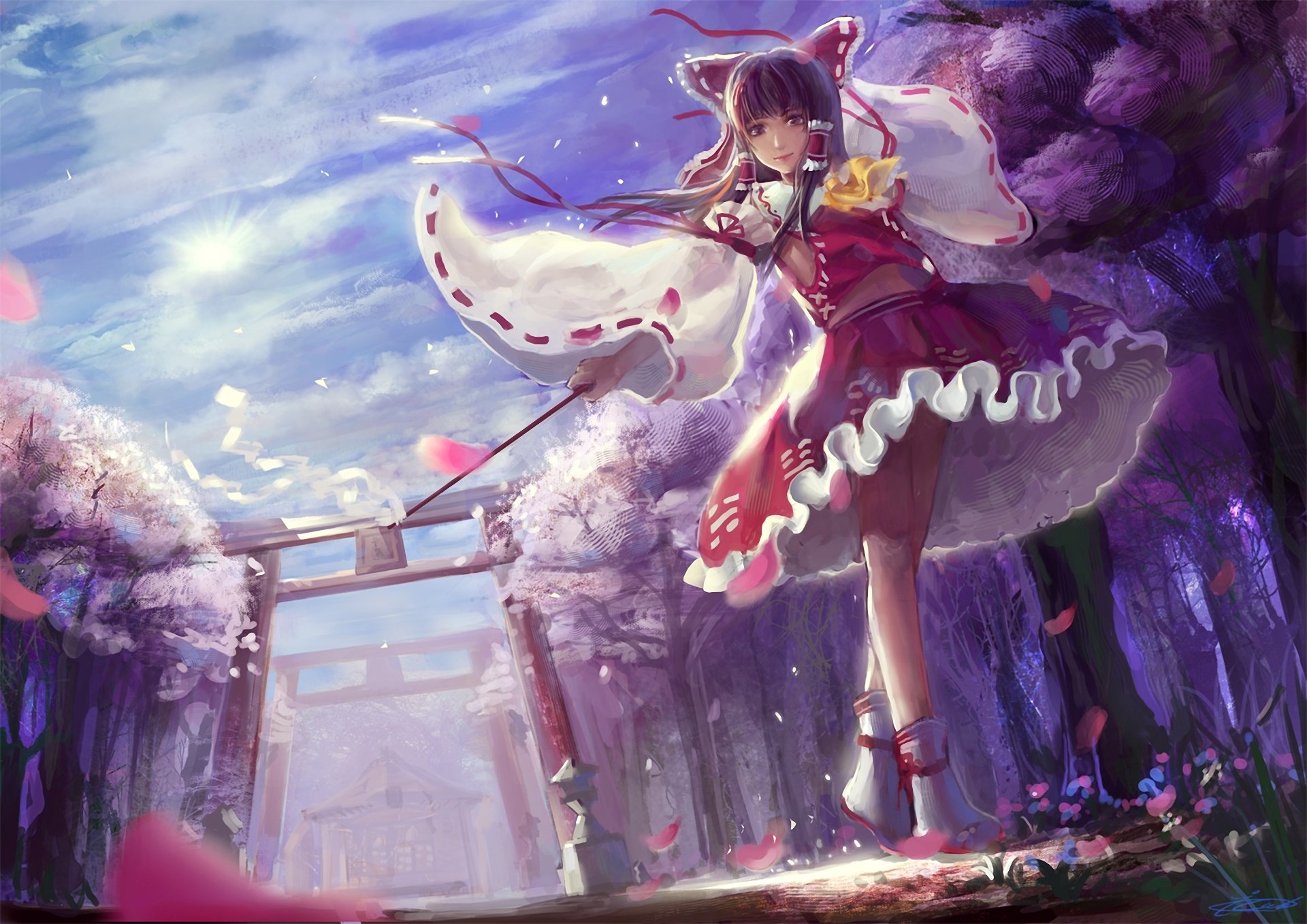 touhou hakurei reimu fille porte arbres pétales arc art