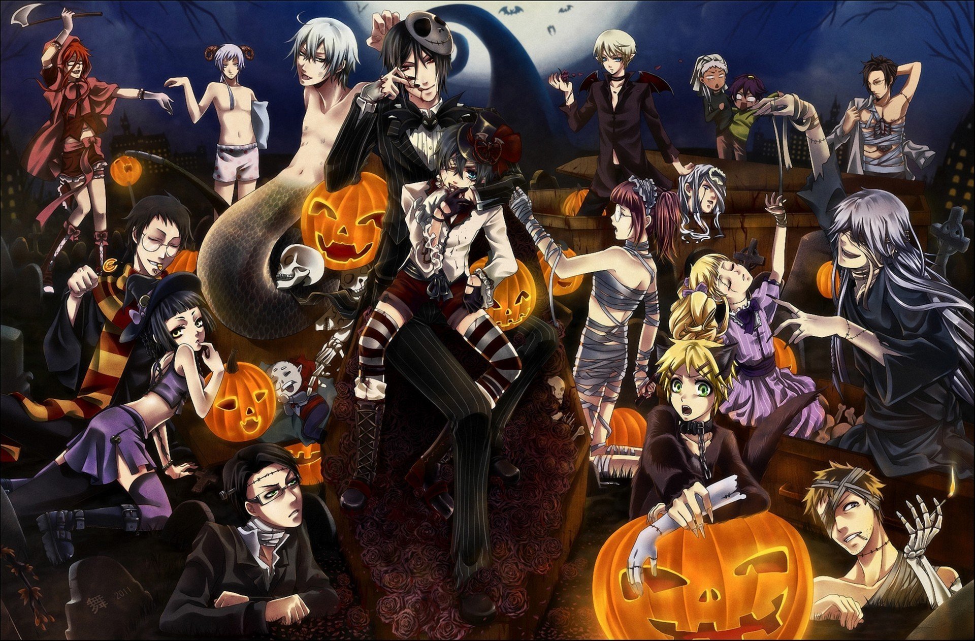 arte kuroshitsuji halloween mayordomo oscuro halloween vacaciones calabazas cráneo noche luna vendas momia