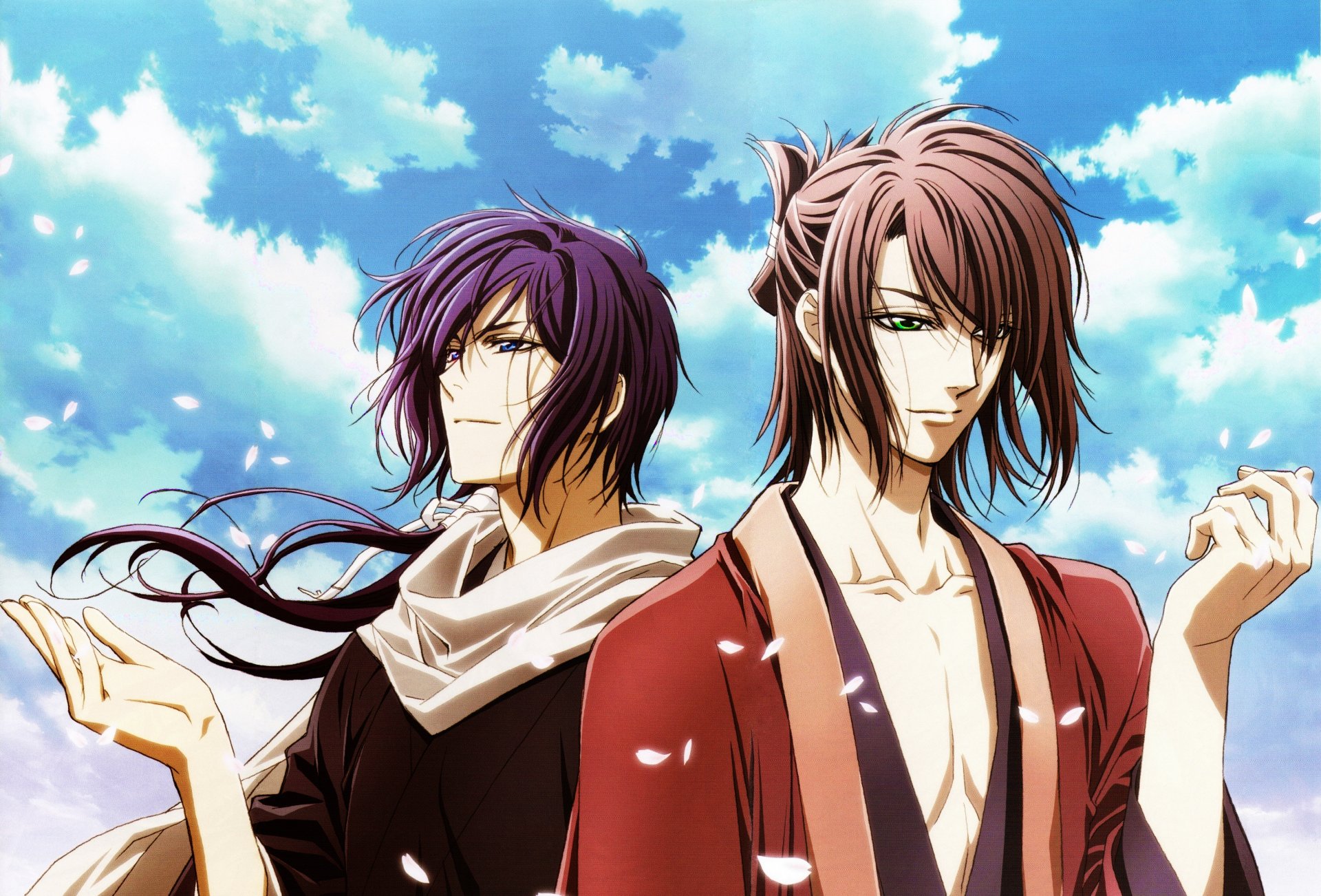 hakuouki shinsengumi kitan okita souji saito hajime demoni di sakura pallido samurai saito okita ragazzi petali sakura cielo nuvole vento