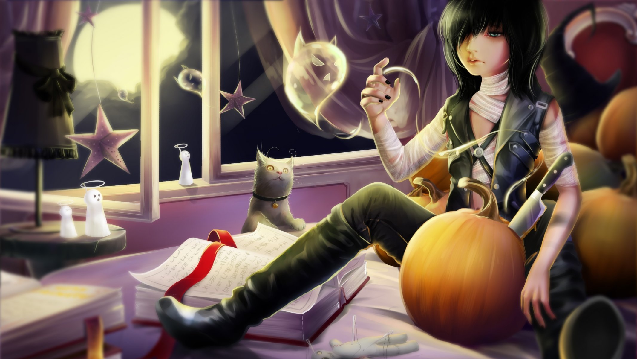 art halloween guy chambre chat livres bandages fenêtre lune couteau citrouille écriture ruban étoiles esprit fantôme