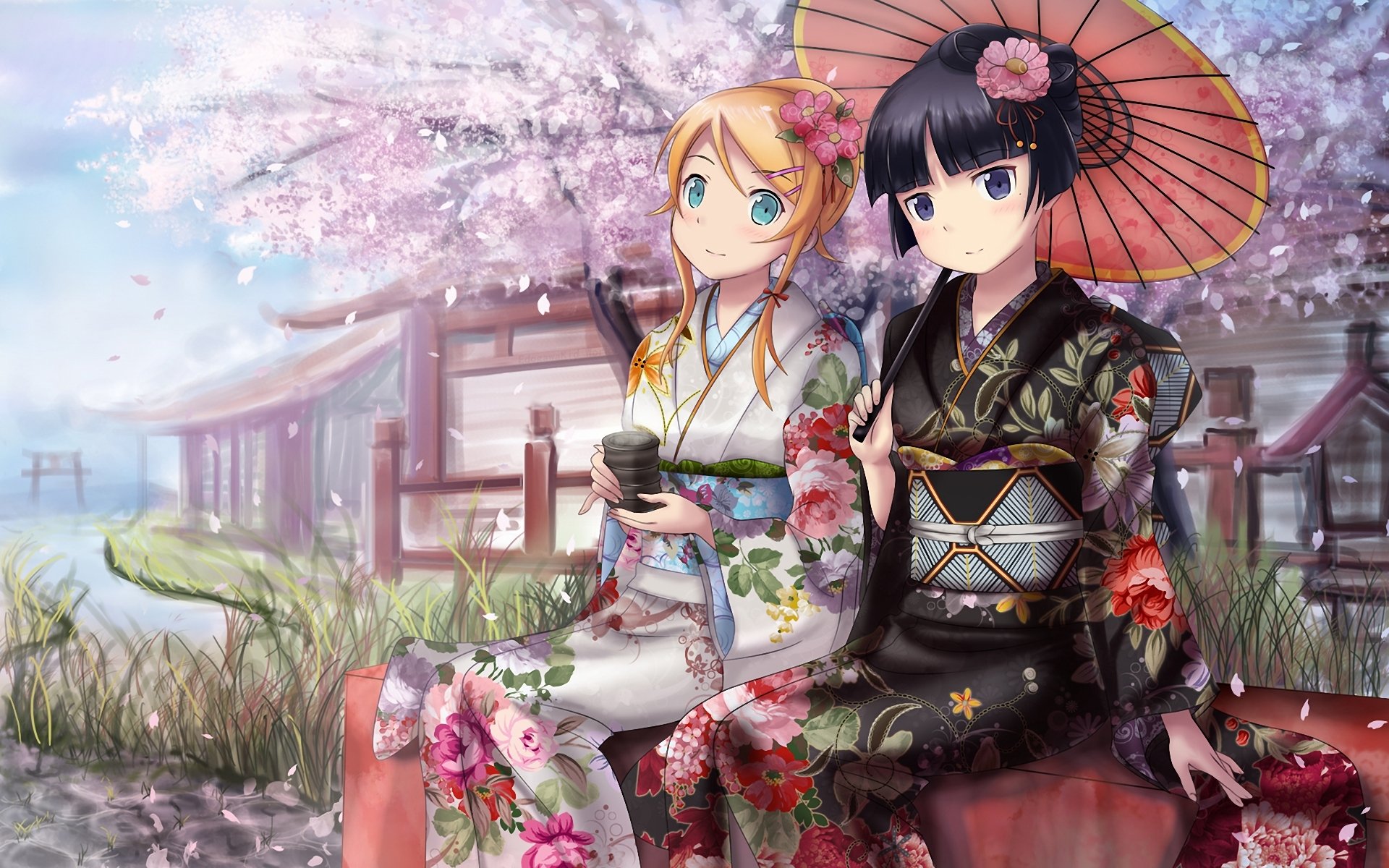 nie rudy nie imouto ha konnani kawaii niepokojące ha n dziewczyny kimono herbata parasol parasol sakura rzeka płatki