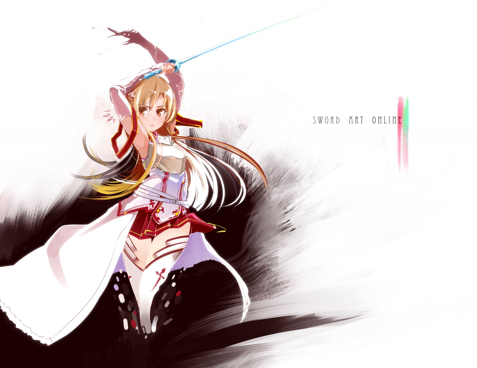 sword art online asuna yuki wykonawca-pmpmpm sztuka dziewczyna szermierz miecz długie włosy piruet rękawiczki wojownik brązowe oczy brązowe włosy pomarańczowe oczy spódnica miecz wzloty bioder