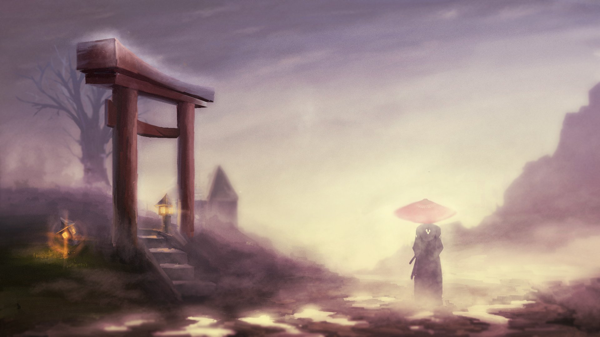 samurai-champlu gin nebel landschaft tor samurai mann kimono lichter baum regenschirm