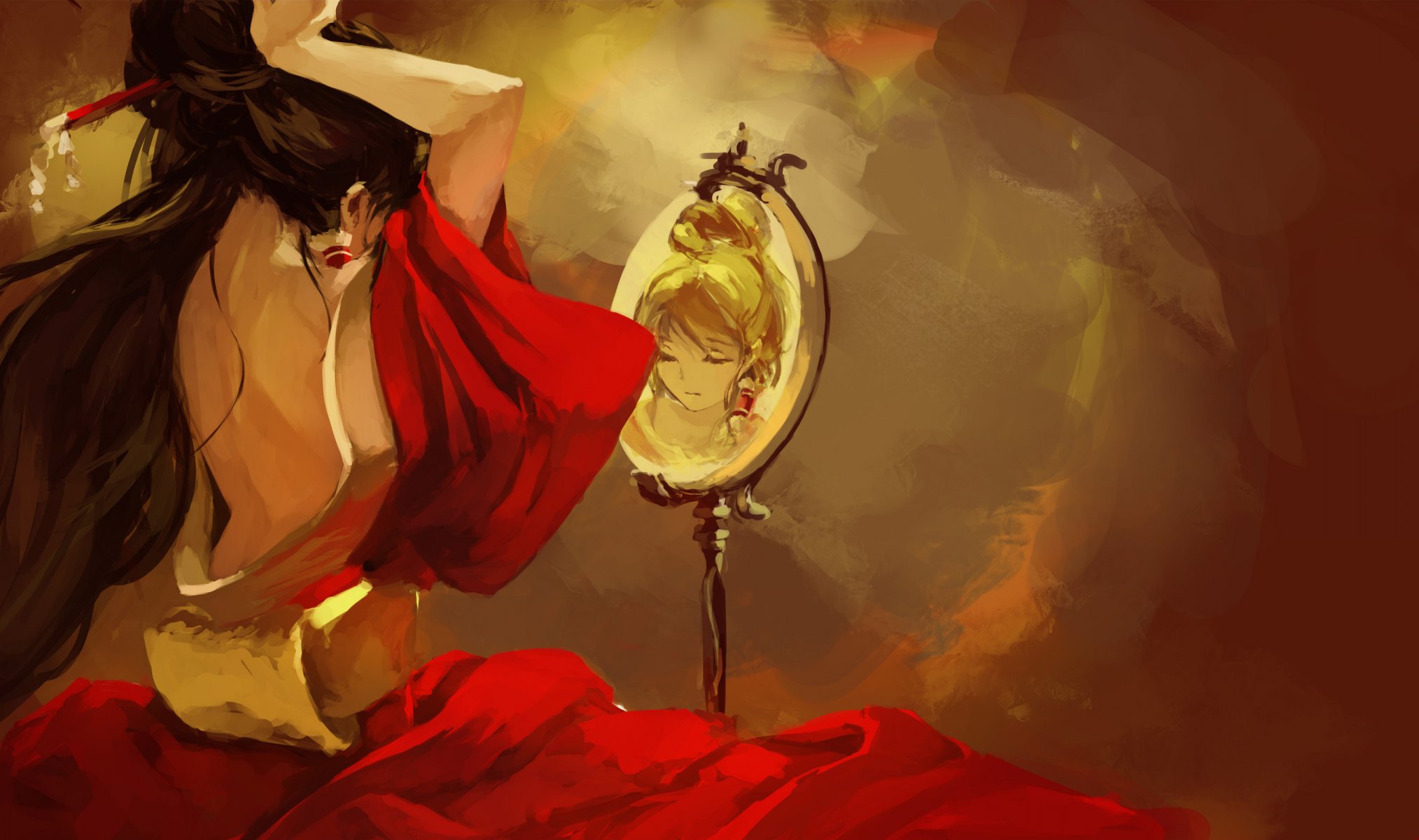 art yaozhiligenius touhou hakurei reimu fille dos miroir réflexion robe rouge