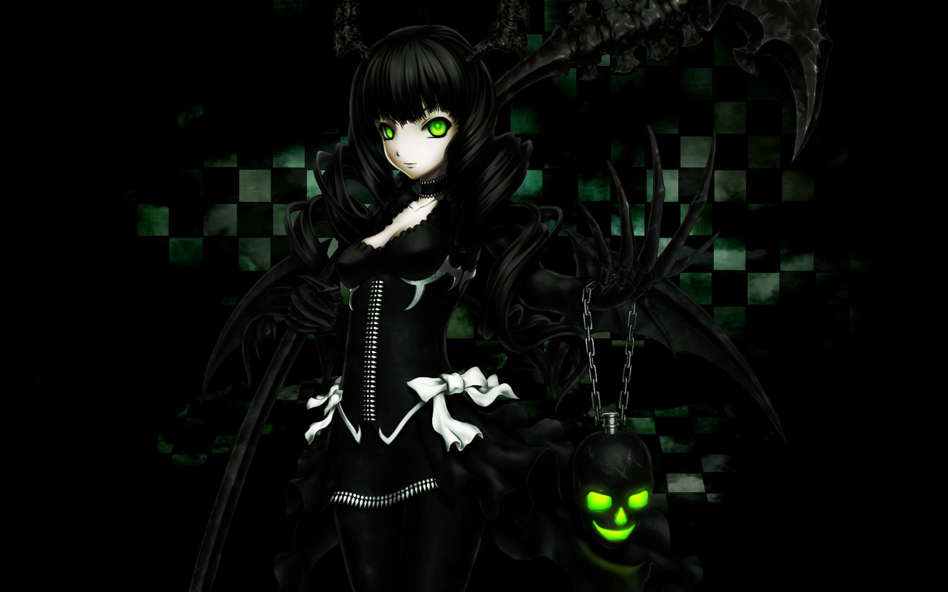 black rock shooter dead master girl bow inscription horn circuit light smile skull curled hair claw