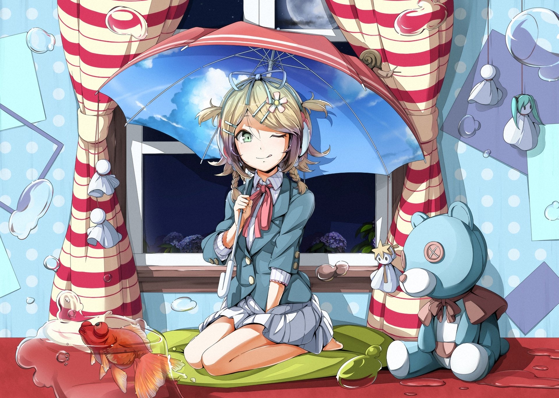 vocaloid kagamine rin girl room umbrella aquarium fish gold toys english headphones flower hydrangea window water