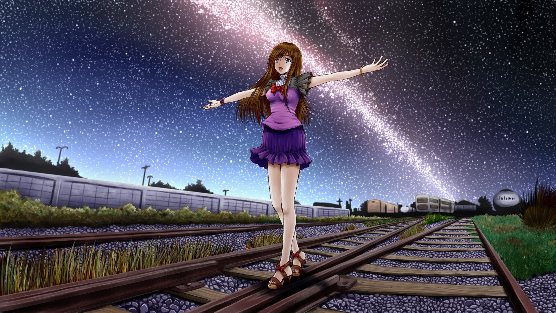 arte ilolamai chica ferrocarril noche estrellas piedras valla hierba