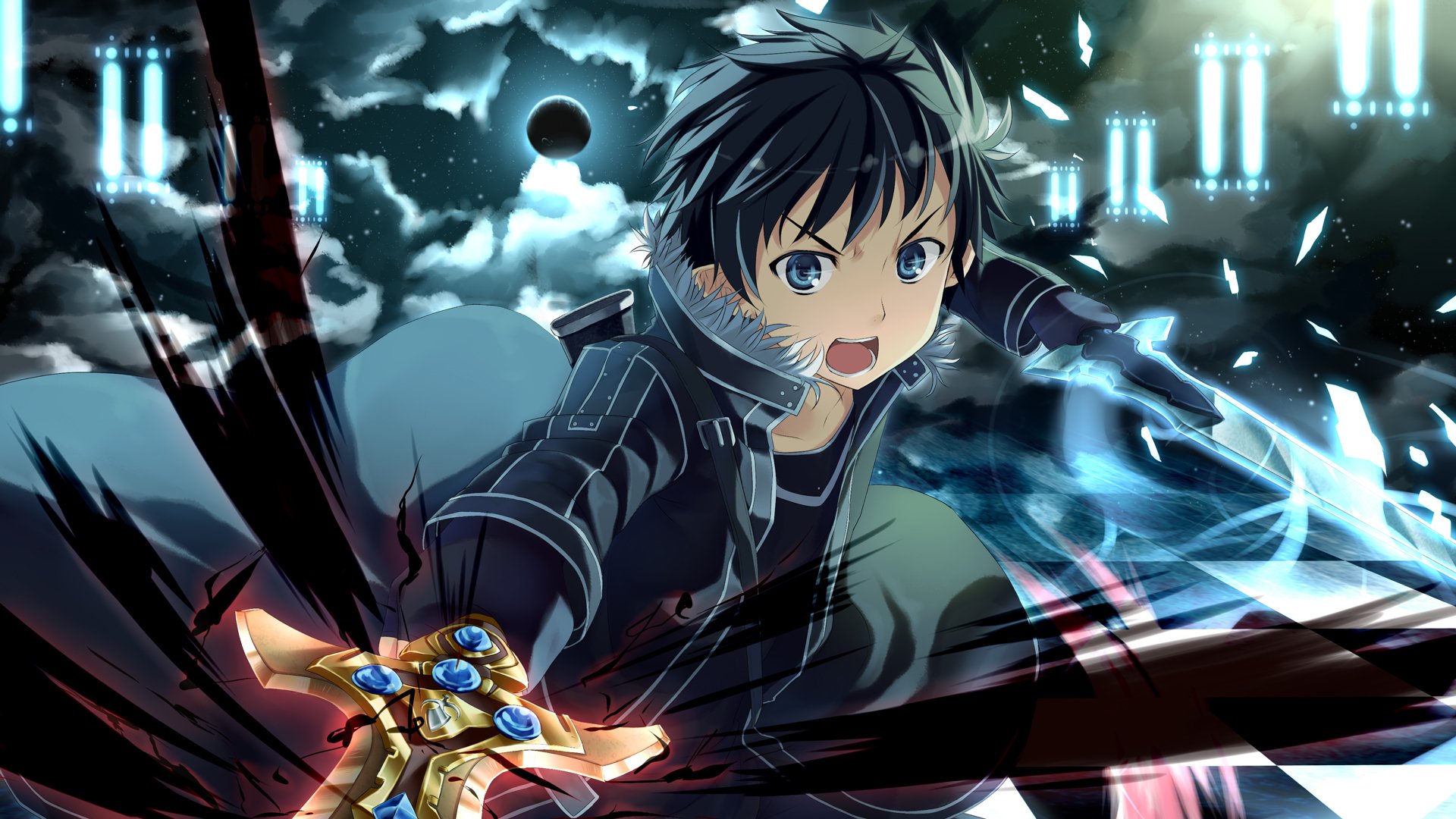 art sword art online guy weapon sword checkerboard moon abstract