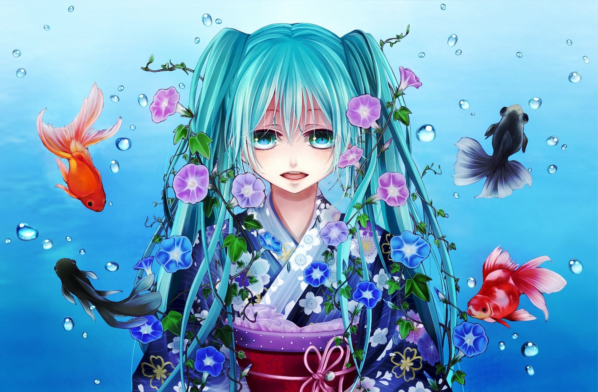 art shio vocaloid vocaloid hatsune miku girl fish goldfish flowers convolvulus ipomoea kimono bubble