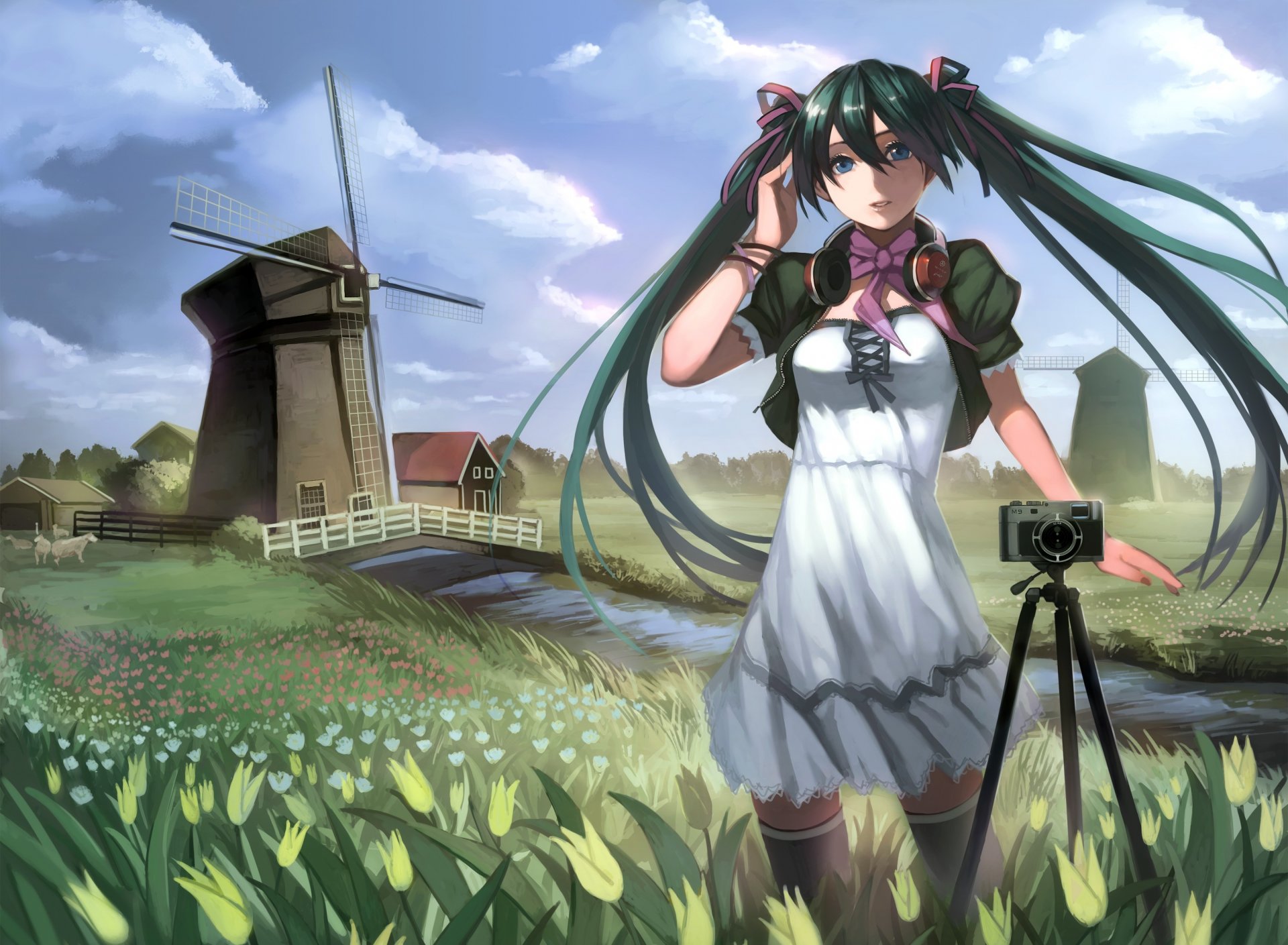 art yykuaixian vocaloid vocaloid hatsune miku girl landscape headphones flowers mill camera tulips river grass bridge wind dress stockings cloud