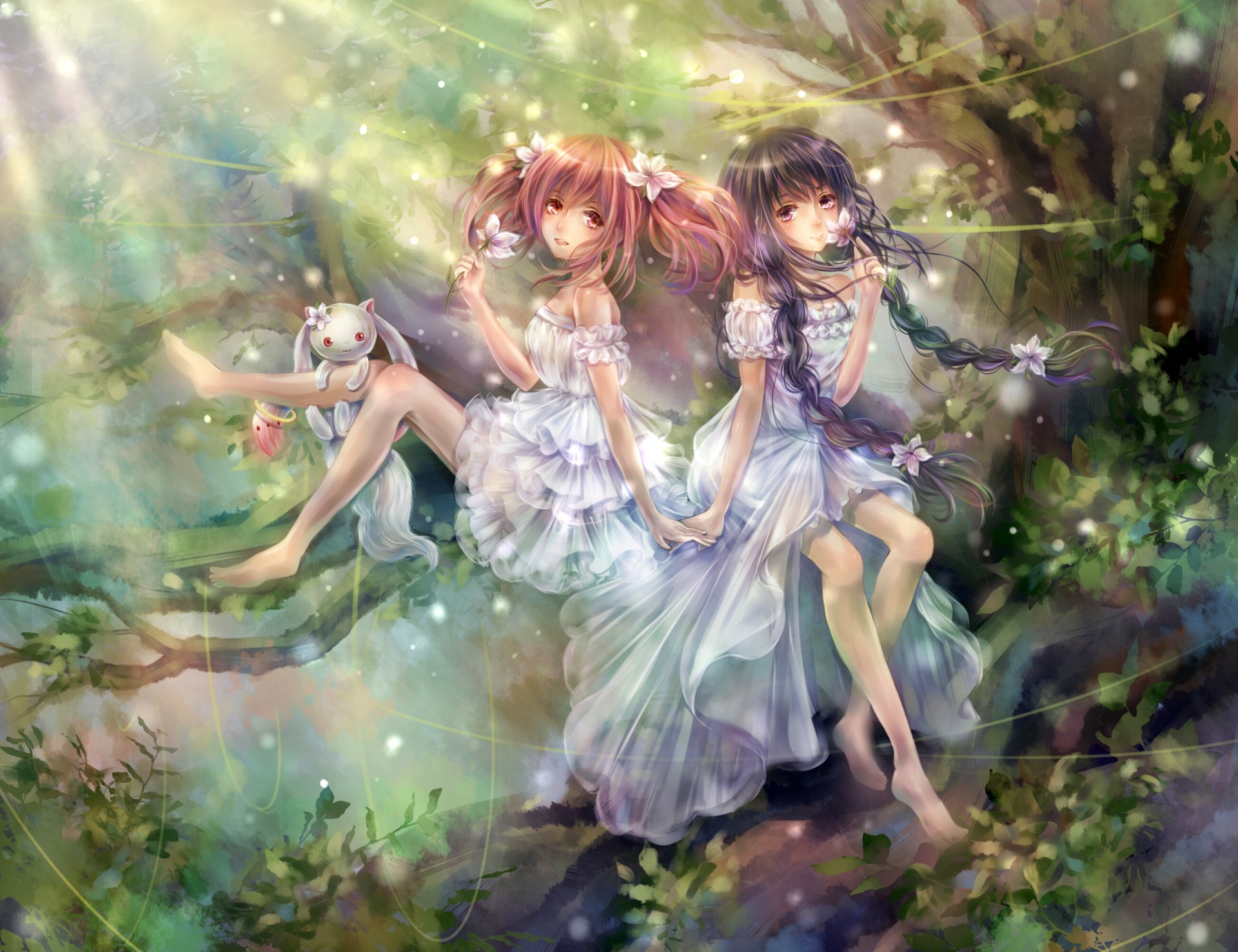 arte tandolcedeco mahou shoujo madoka magika akemi homura kaname madoka kyuubee niñas bosque flores animal