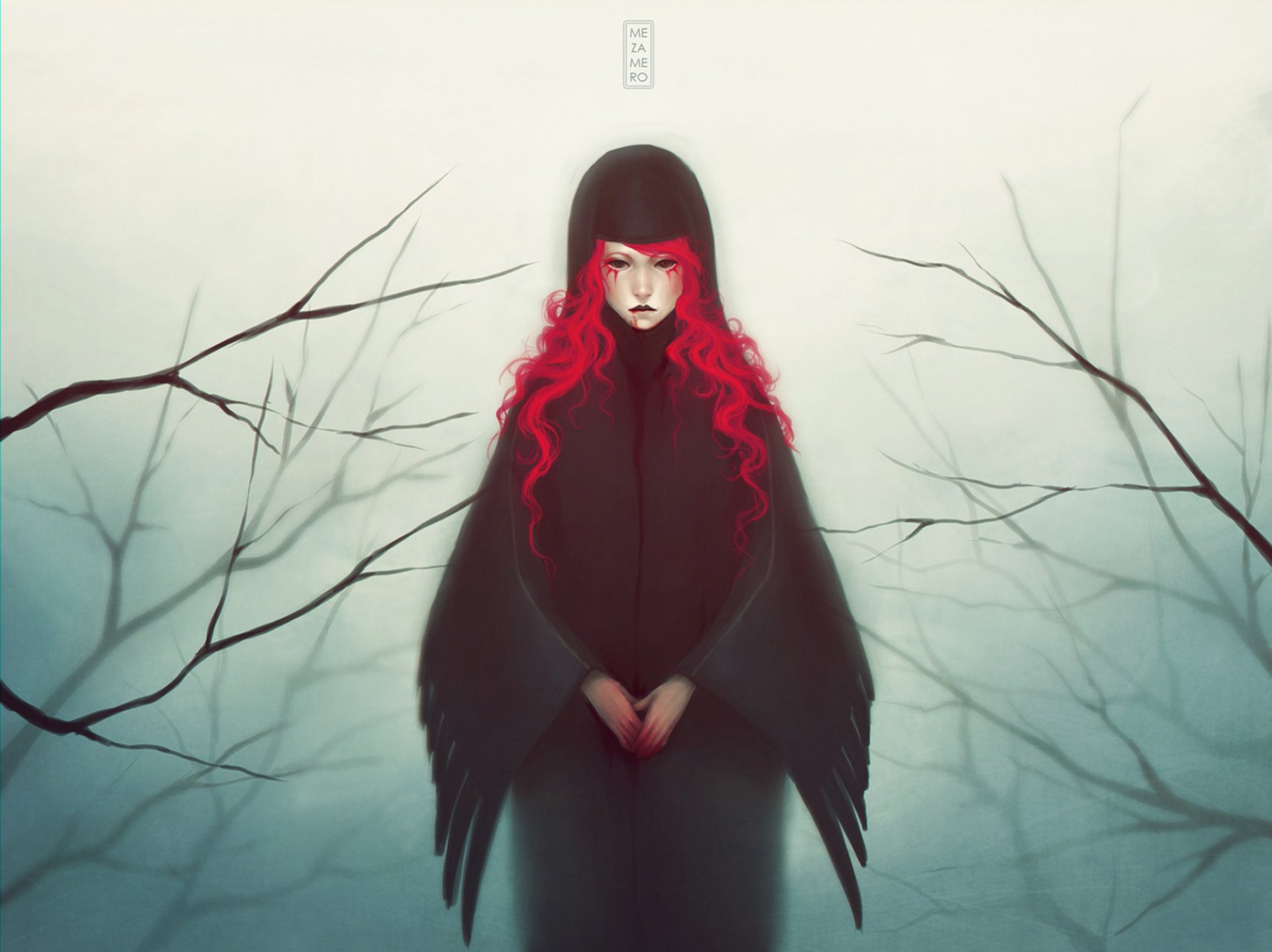 art mezamero girl red hair blood wings branche