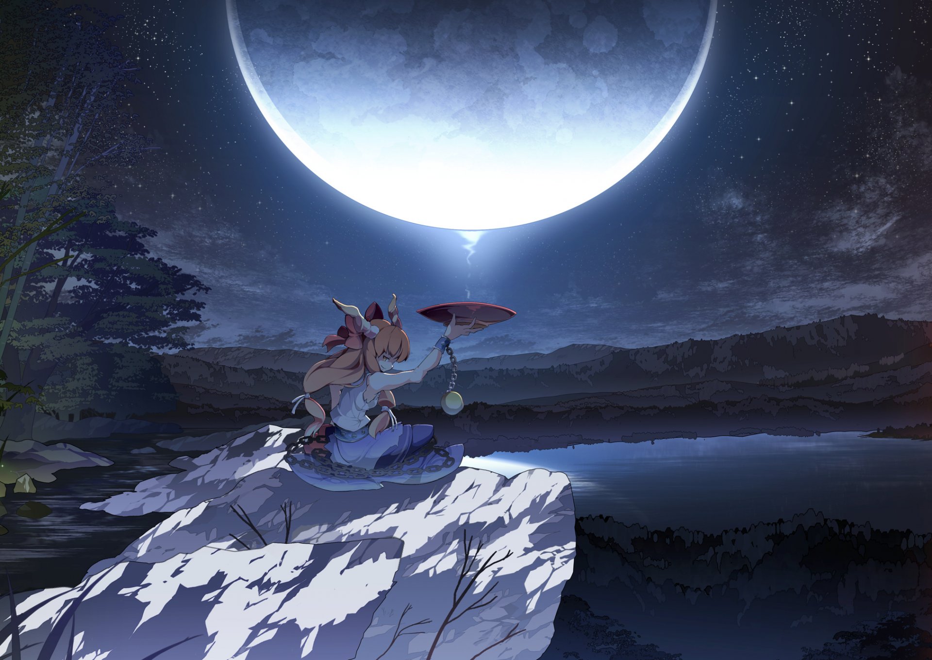 kunst asakura masatoki touhou ibuki šuika mond nacht schüssel mädchen hexe stein see wald ketten fesseln