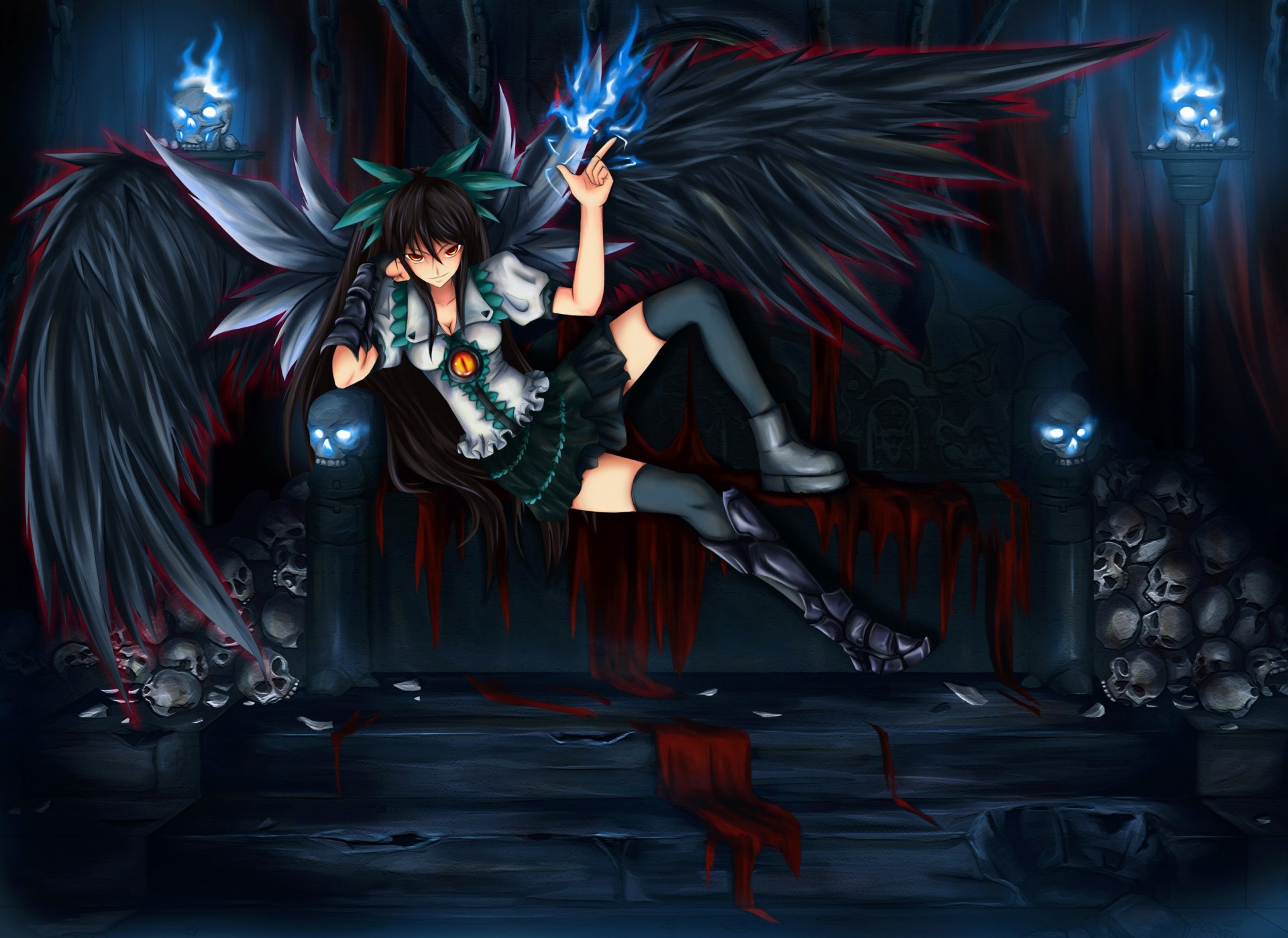 art shou mai touhou reiuji utsuho girl sofa wings skull demon magic eye red eye