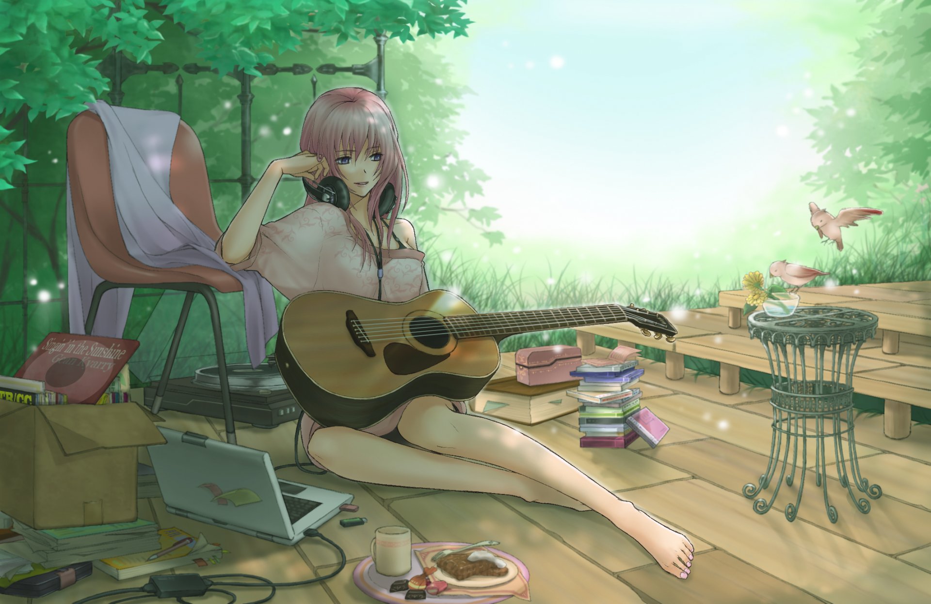 art shirano megurine luka vocaloid fille casque guitare oiseaux disques ordinateur portable