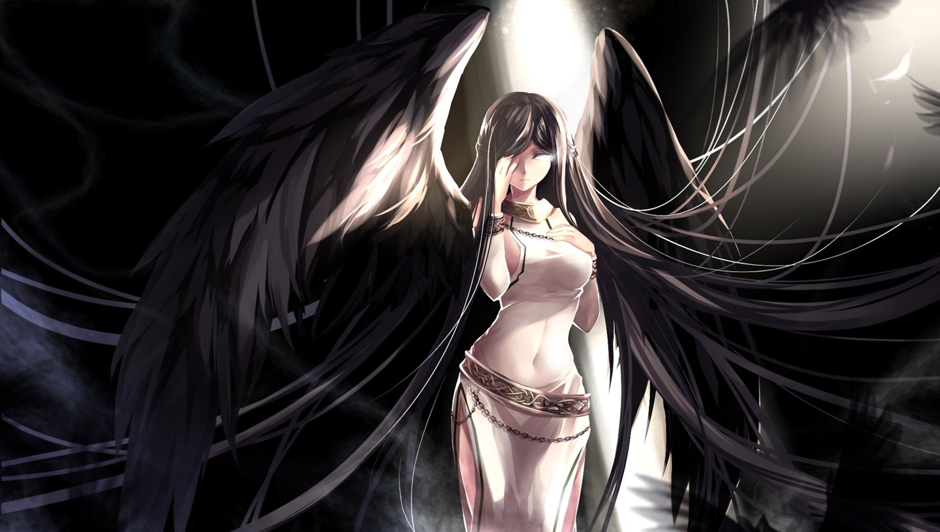 arte skade mabinogi morrigan chica alas plumas negro ángel cadenas