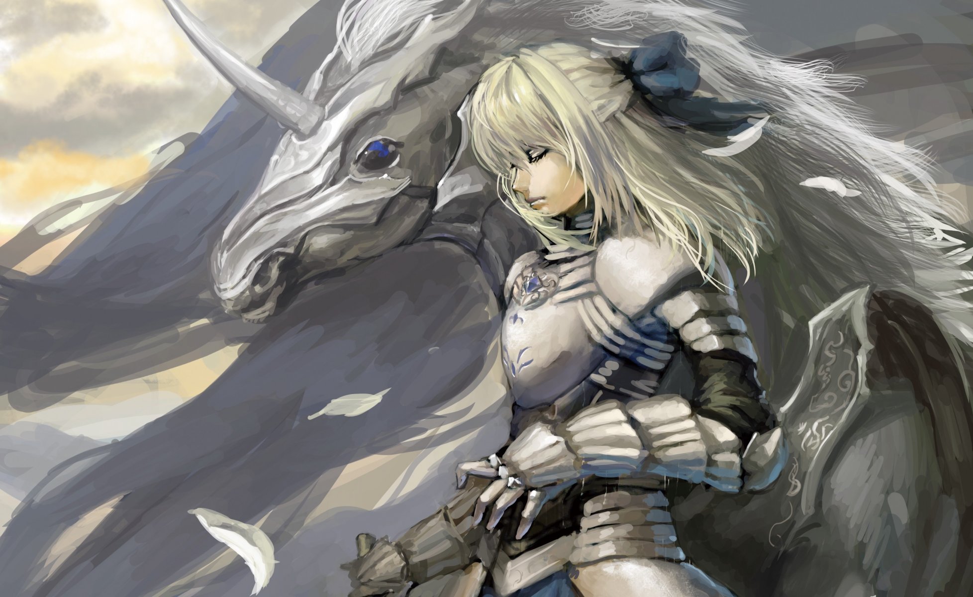 arte shuyinnosi fate stay night saber chica caballo unicornio alas