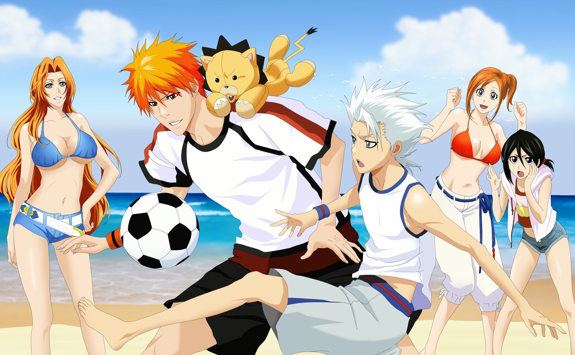 art drlinux bleach ichigo kurosaki kuchiki rukia inoue orihime hitsugaya toushirou matsumoto rangiku kon dziewczyny chłopcy plaża morze strój kąpielowy piłka gra piłka nożna