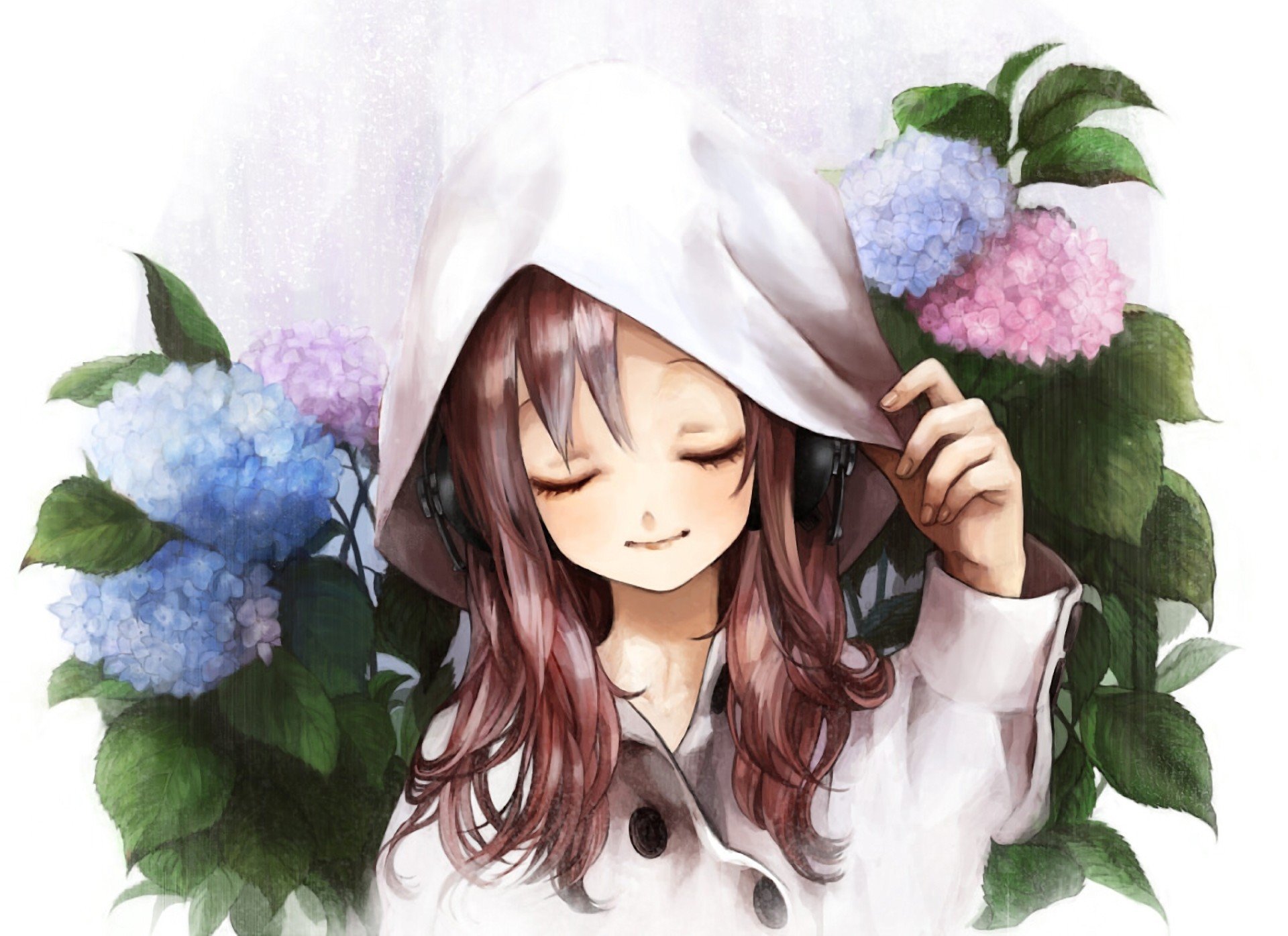 picture girl flower hydrangea coat hood headphone