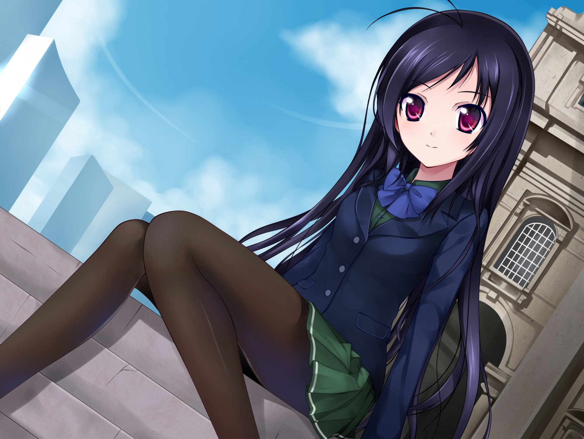 accel world kuro yuki qiuzhi huiyi girl sitting form schoolgirl building