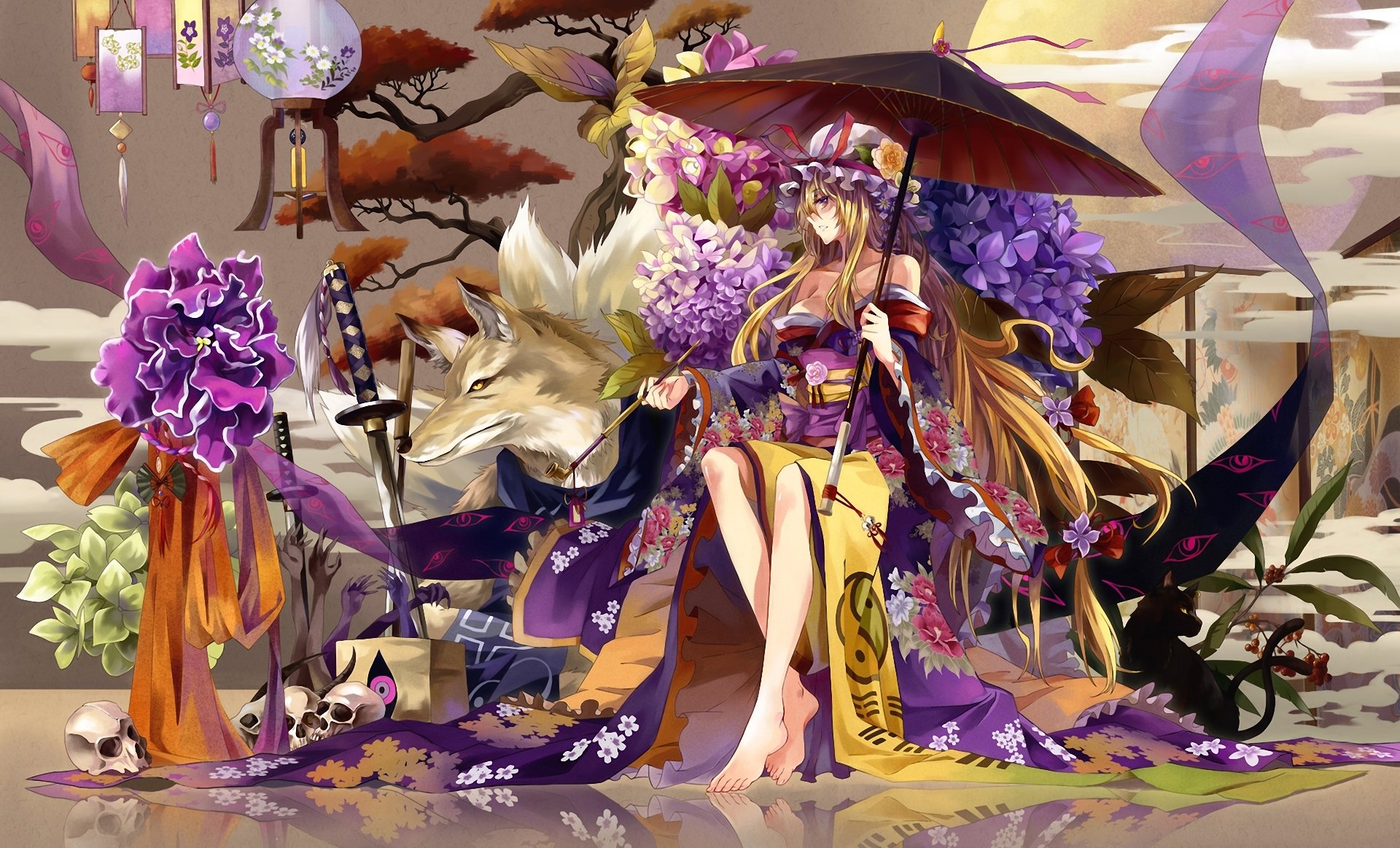 touhou yakumo yukari yakumo ran chen dziewczyna wilk parasol kimono czaszka kwiaty latarnia miecz katana hortensja rura drzewo