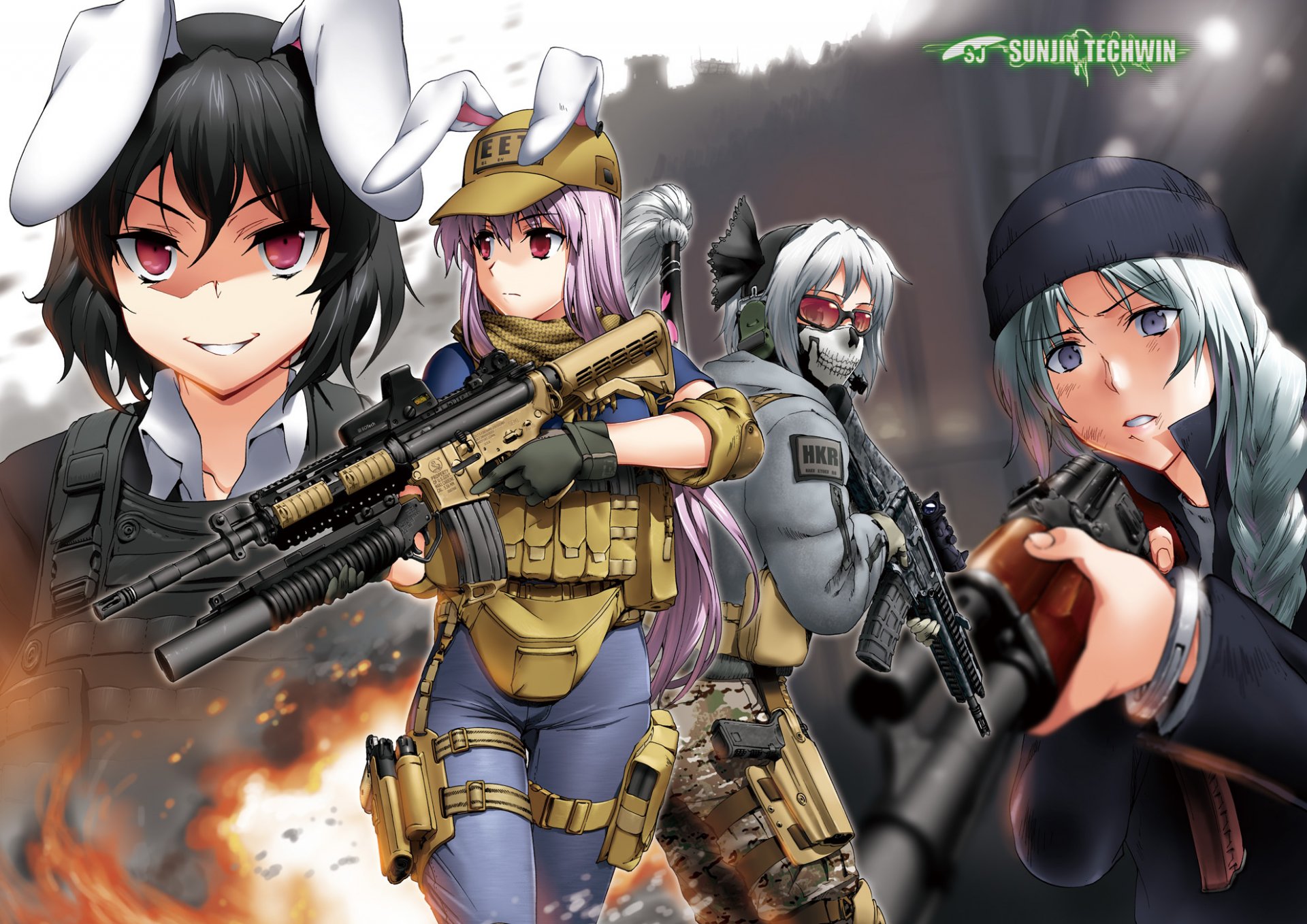 art byeontae jagga call of duty touhou inaba tewi konpaku youmu reisen udongein inaba yagokoro eirin girls weapon form sunglasses ear